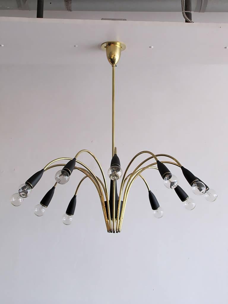 Elegant twelve-light chandelier in brass with black Bakelite cups and brass accents.