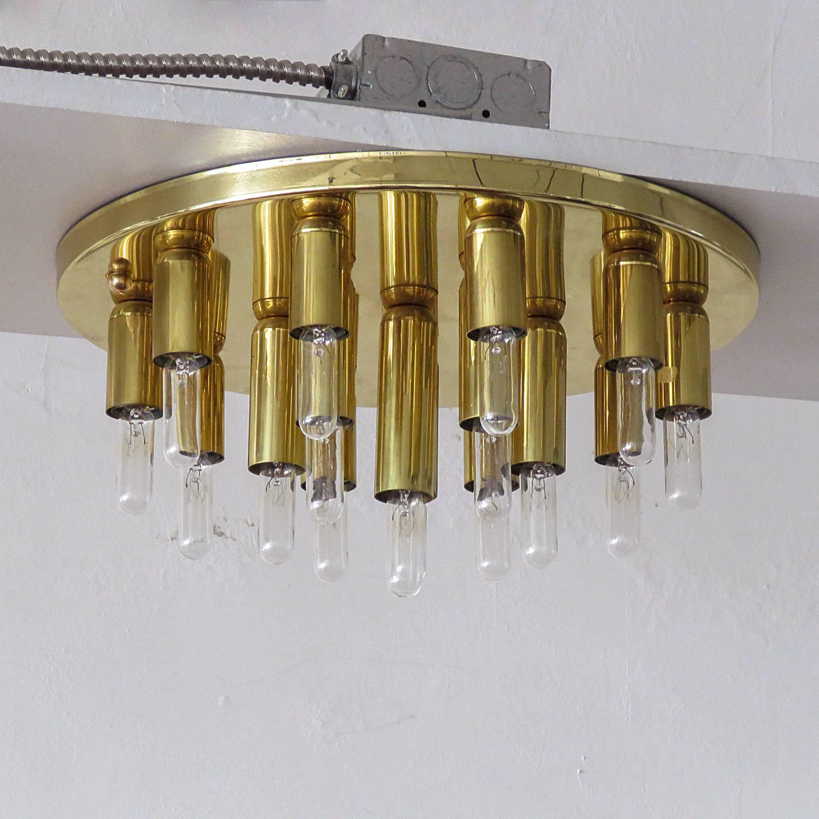 stunning circular 16-light flush mount light panel in brass by Honsel Germany, can be used as wall sconce as well