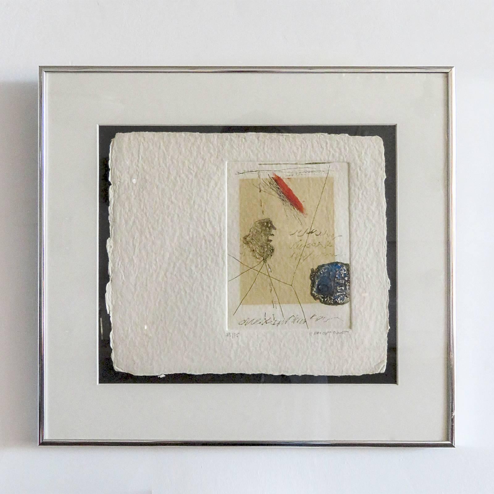wonderful original signed and framed carborundum etching 'Composition' by French artist James Coignard (1925-2008), provenance: Galleri S:T Lars, Sweden, exhibited March 22nd 1986, pencil signed and numbered by Coignard: 59/75, image size: 10"