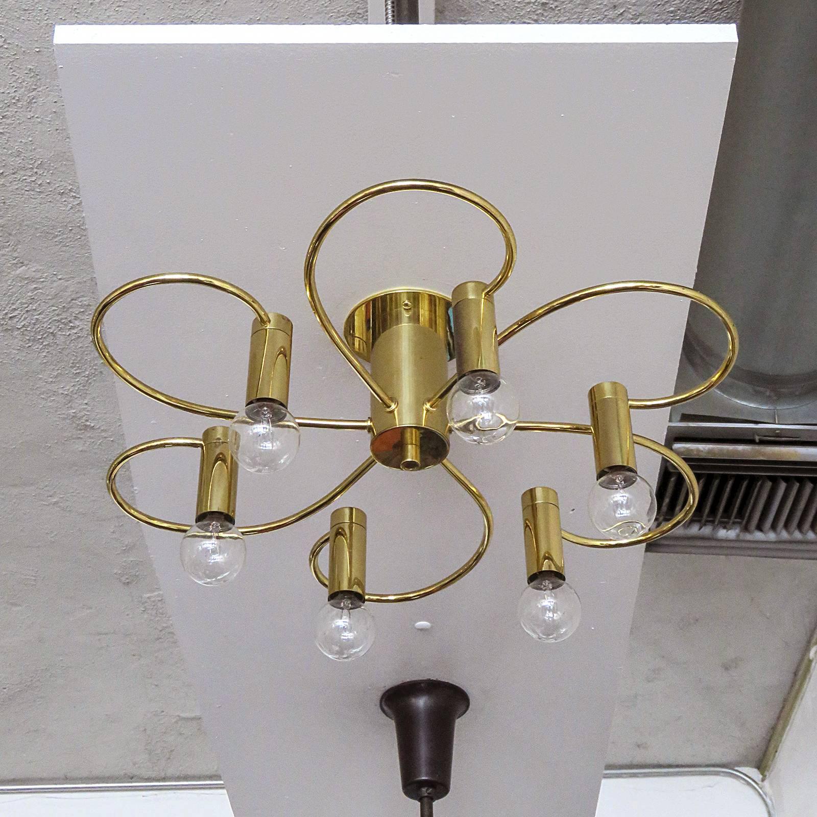 sculptural brass light flush mount ceiling light by Honsel Germany with six organically shaped arms, can be used as wall sconce