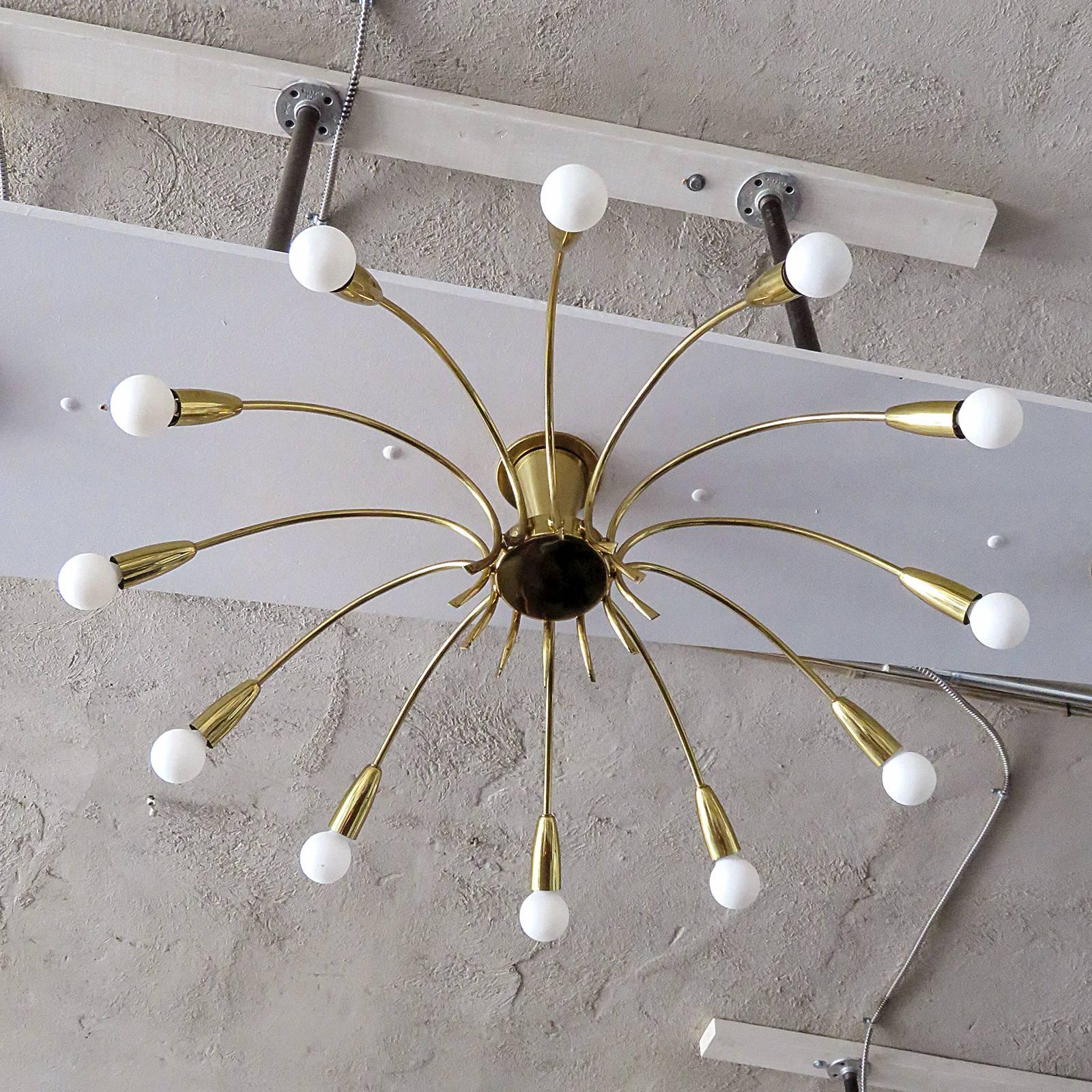 stunning, decorative German twelve light sputnik flush mount light in brass