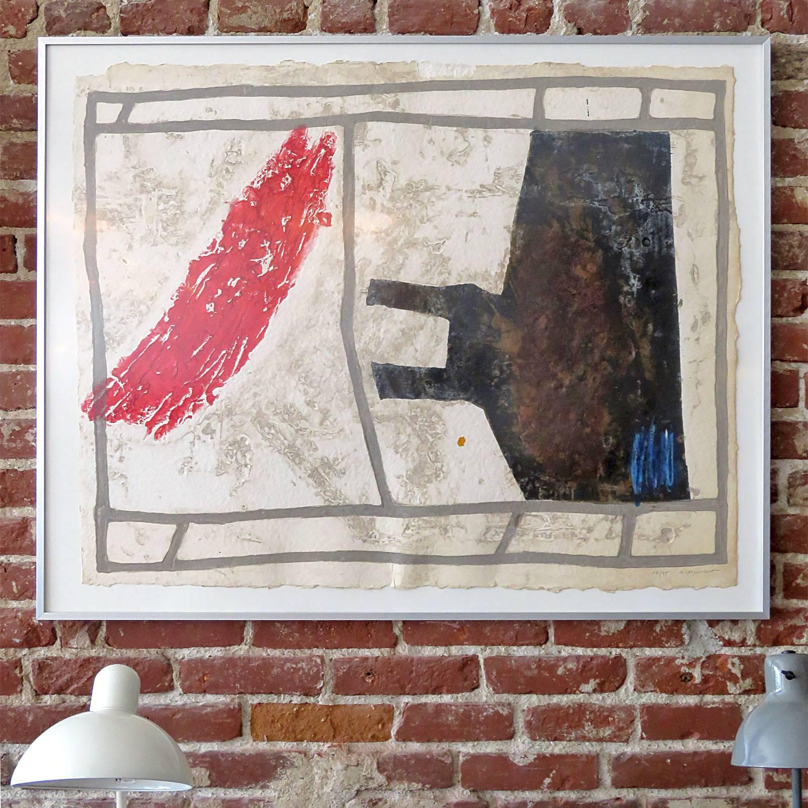 Wonderful original signed and framed carborundum etching ‘Occupation’ by French artist James Coignard (1925-2008), pencil signed and numbered by Coignard: 17/75, image size: 43″ x 34″, framed.
