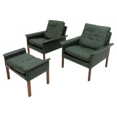 Hans Olsen Green Leather Club Chairs & Ottoman, 1960