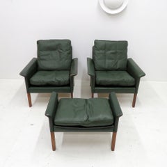 Hans Olsen Green Leather Club Chairs & Ottoman, 1960