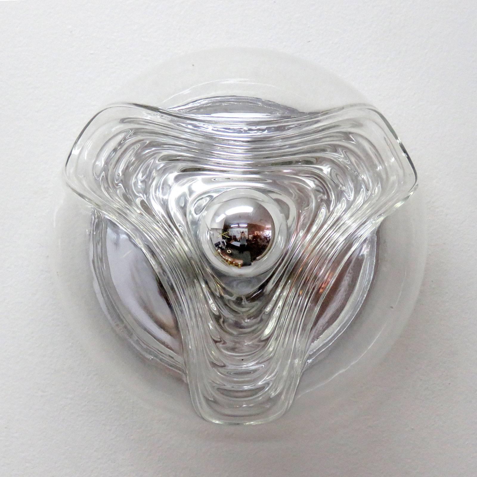 Timeless, molded clear glass flush mount lights by Peill & Putzler Germany, wall or ceiling mounted, available sizes 13