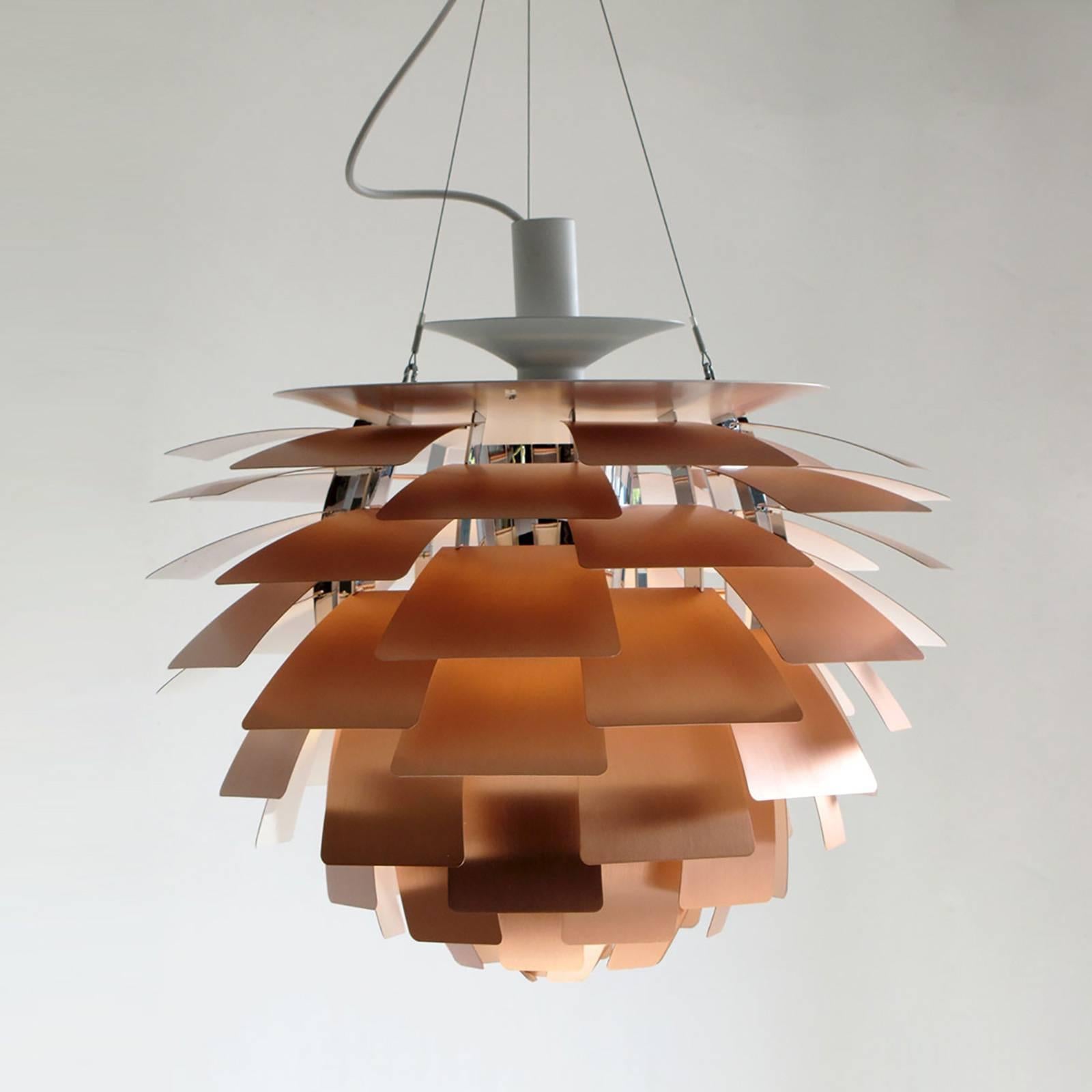 Vintage iconic brushed copper hanging pendant lamp by Poul Henningsen, manufactured by Louis Poulsen, Denmark. PH Artichoke (1958) is a 360-degree glare free Luminaire created by 72 copper leaves, which shield the light source, redirect and reflect