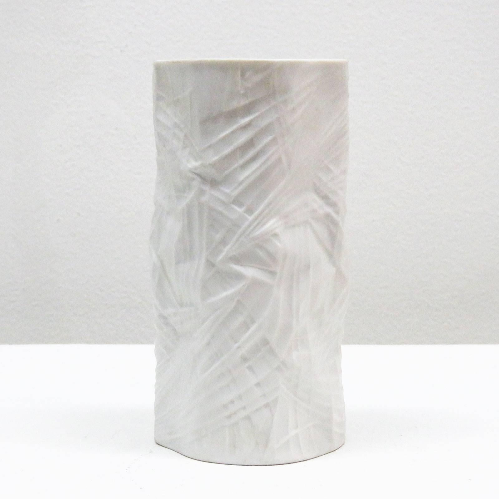 Wonderful, organic, matte porcelain vase by Martin Freyer for Rosenthal Studioline with a wrapped textile pattern look and glazed interior, marked.