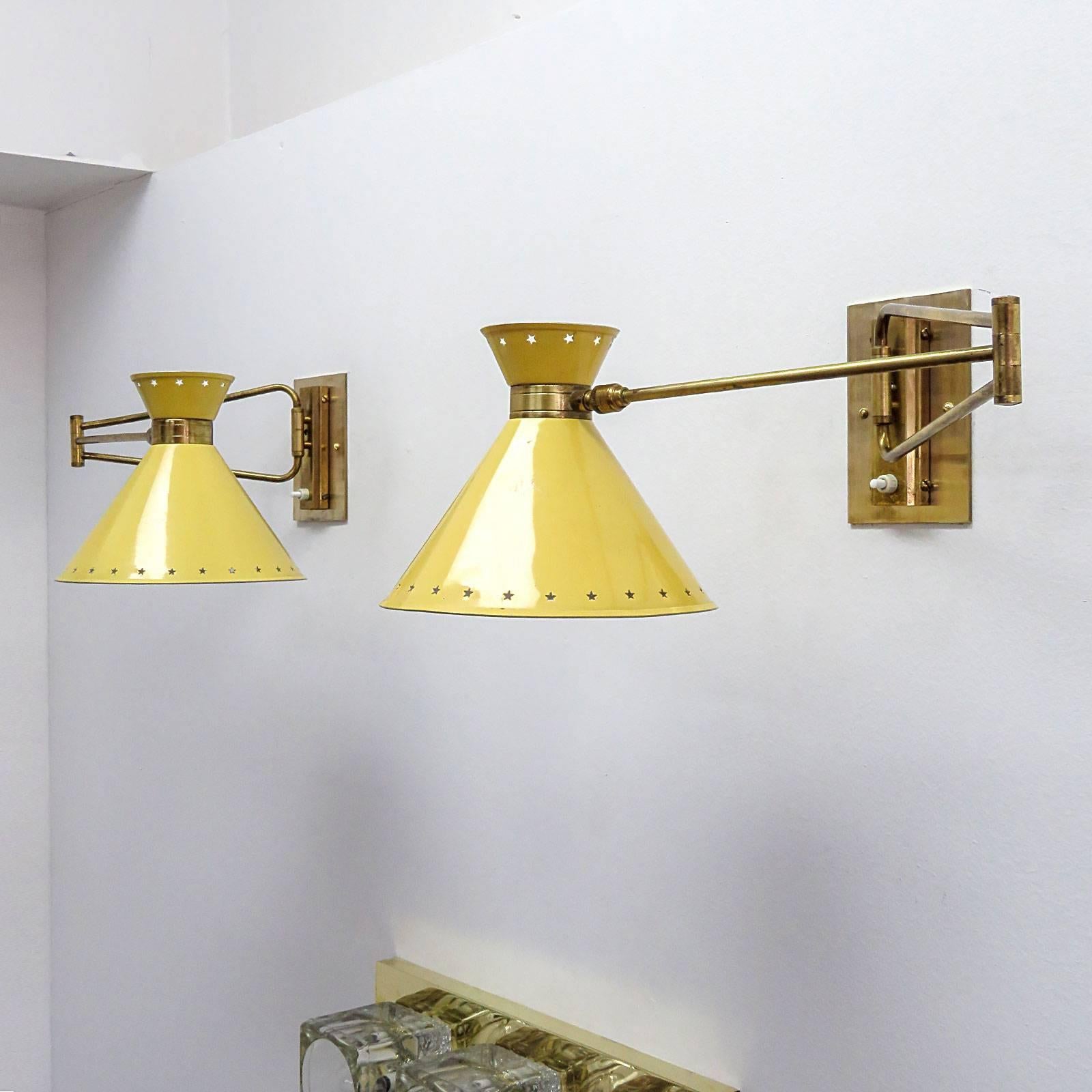 Enameled Pair of Swing Arm Sconces by Rene Mathieu for Lunel