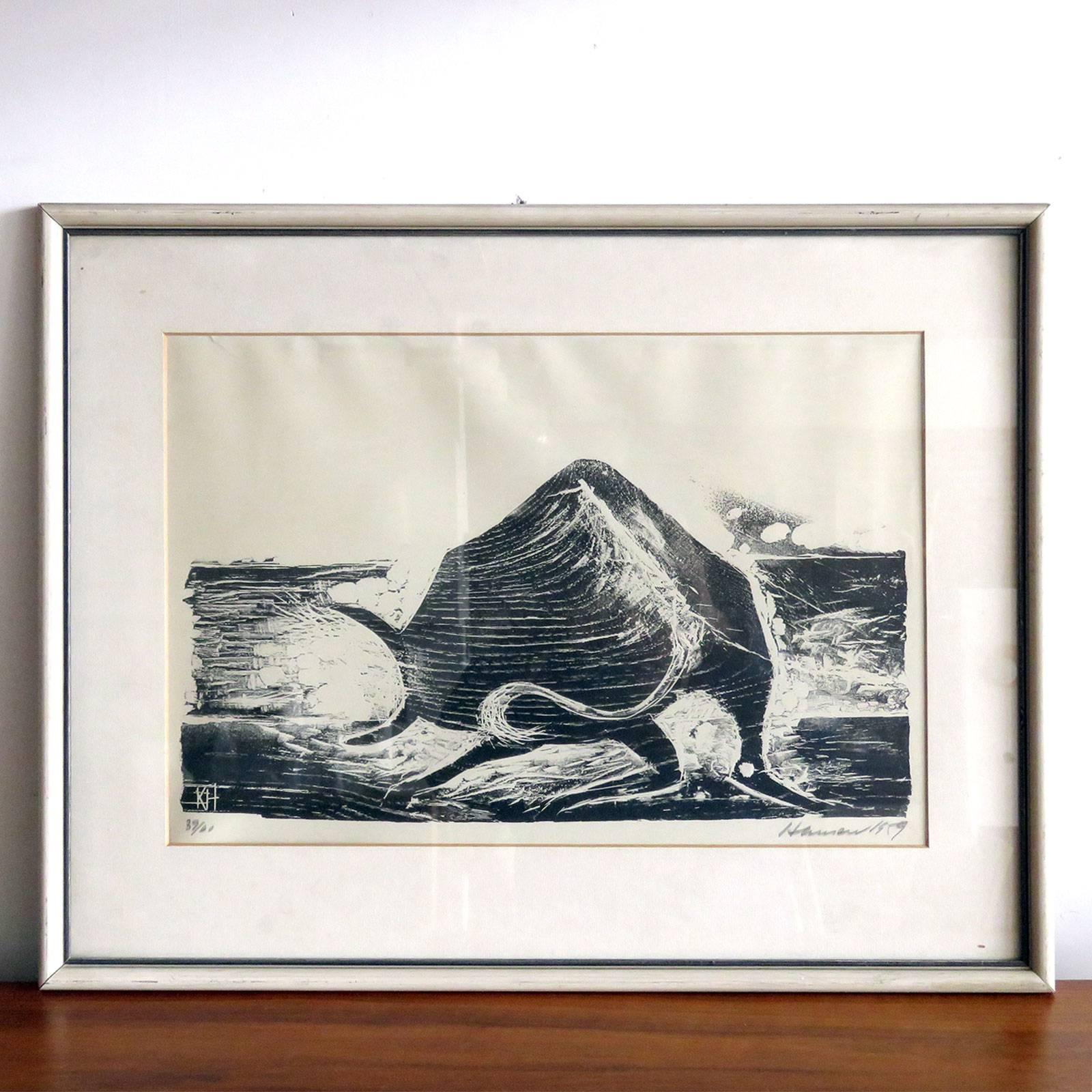 Wonderful wood cut print 'Ox' by Karl Heinz Hansen-Bahia, matted and framed behind glass, print size 12.25 in x 17.75 in, frame size 18.5 in x 23.25 in, ed. 39/60, signed and dated.