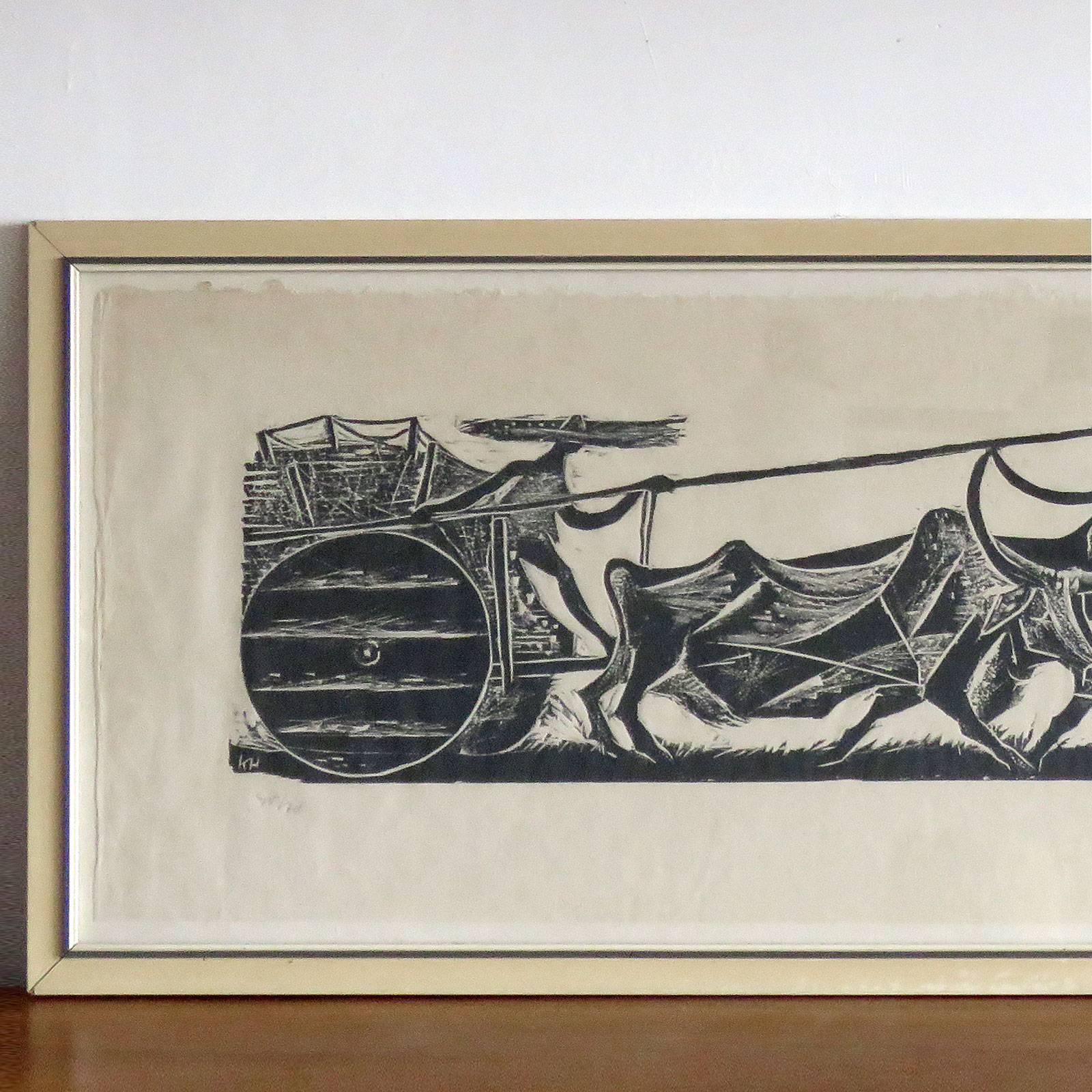 wonderful wood cut print 'Big Team of Oxen' by Karl Heinz Hansen-Bahia, 1959, framed behind glass, print size 12.25 in x 37.75 in, frame size 15 in x 40.5 in, ed. 40/70, signed and dated.
