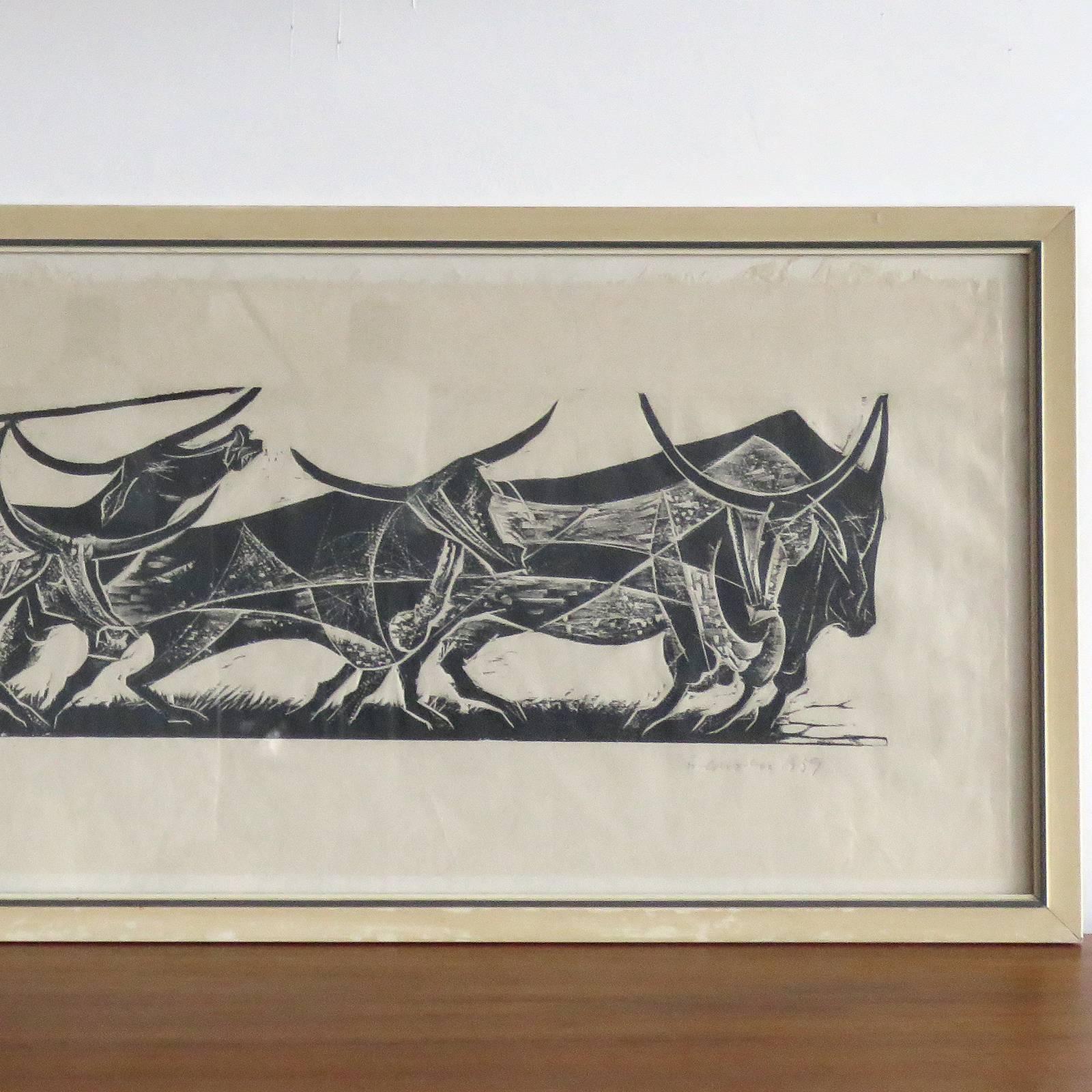 Mid-Century Modern Karl Heinz Hansen-Bahia 'Big Team of Oxen' Woodcut Print, 1959
