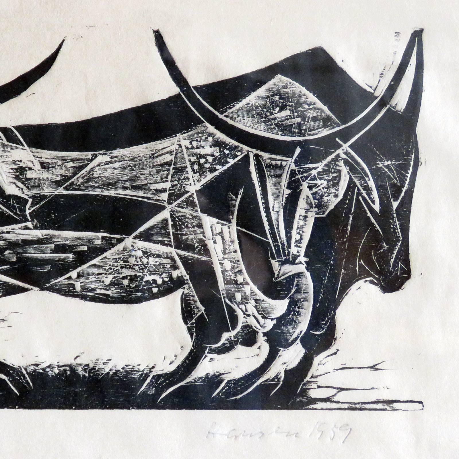 Glass Karl Heinz Hansen-Bahia 'Big Team of Oxen' Woodcut Print, 1959