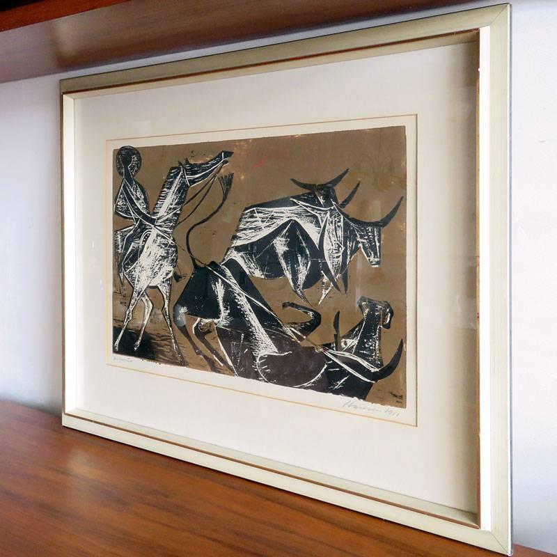 Wonderful wood cut test print 'Cowboy' by Karl Heinz Hansen-Bahia, matted and framed behind glass, print size 15.75 in x 23.75 in, frame size 26 in x 33 in, signed and dated.