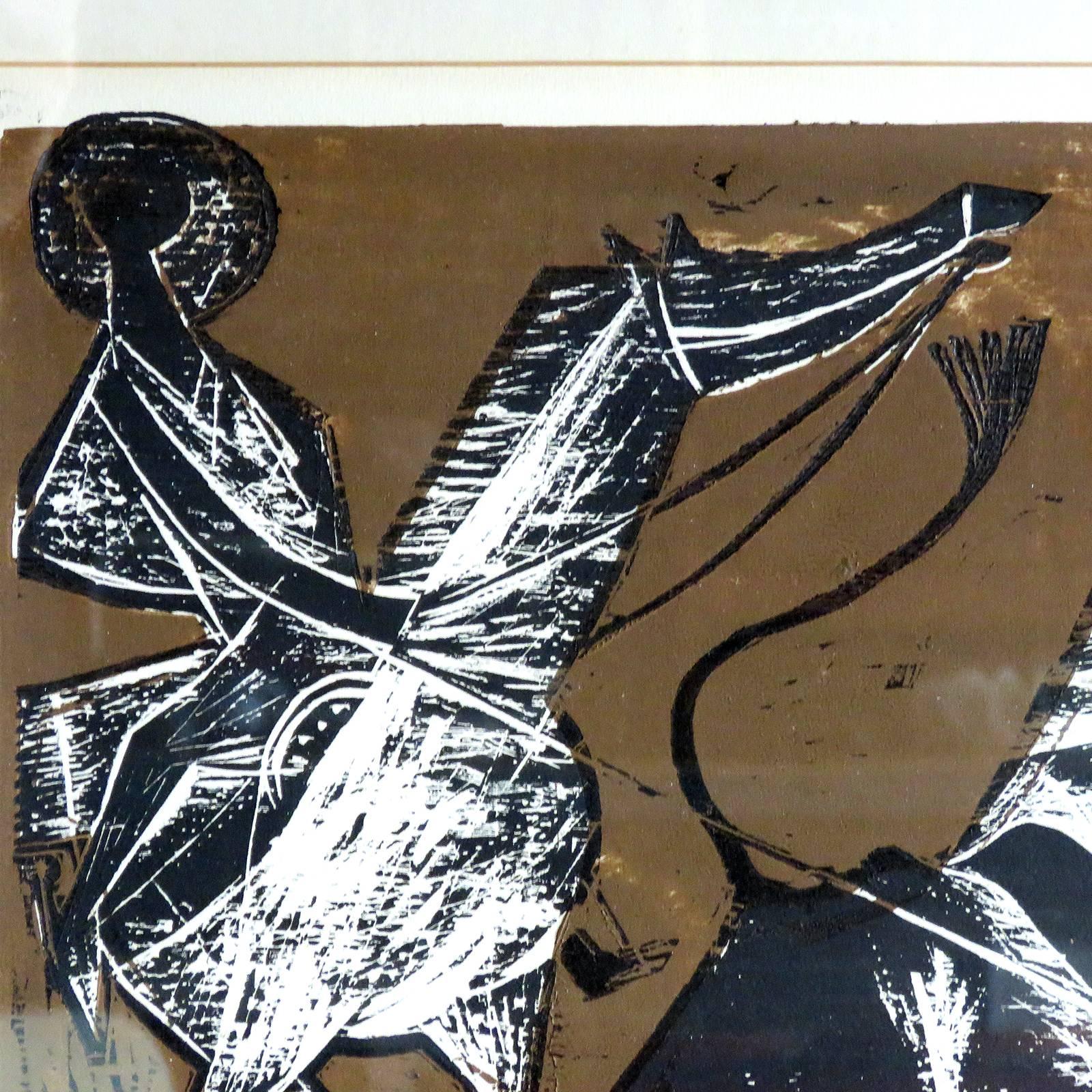 German Karl Heinz Hansen-Bahia 'Cowboy' Woodcut Print, 1960
