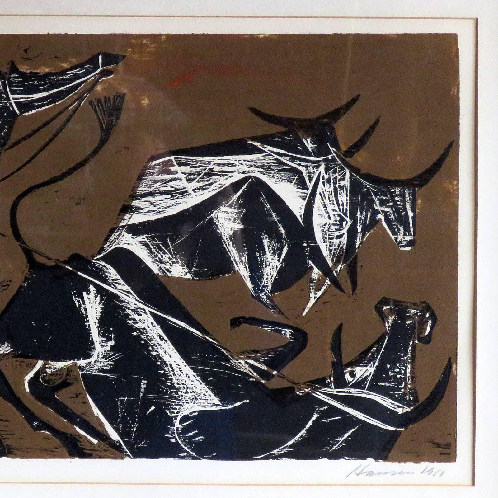 Mid-Century Modern Karl Heinz Hansen-Bahia 'Cowboy' Woodcut Print, 1960
