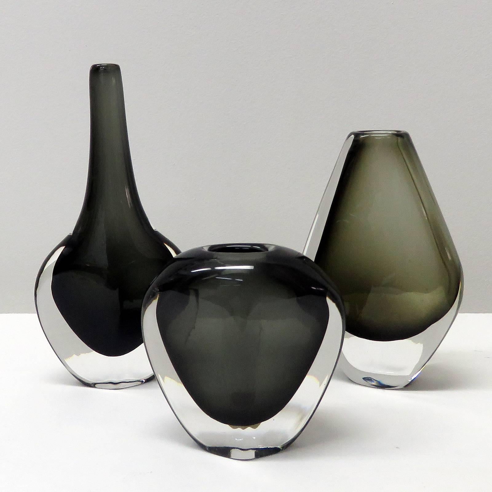 Stunning handblown, art glass vases by Nils Landberg for Orrefors in grey-green hues, signed.