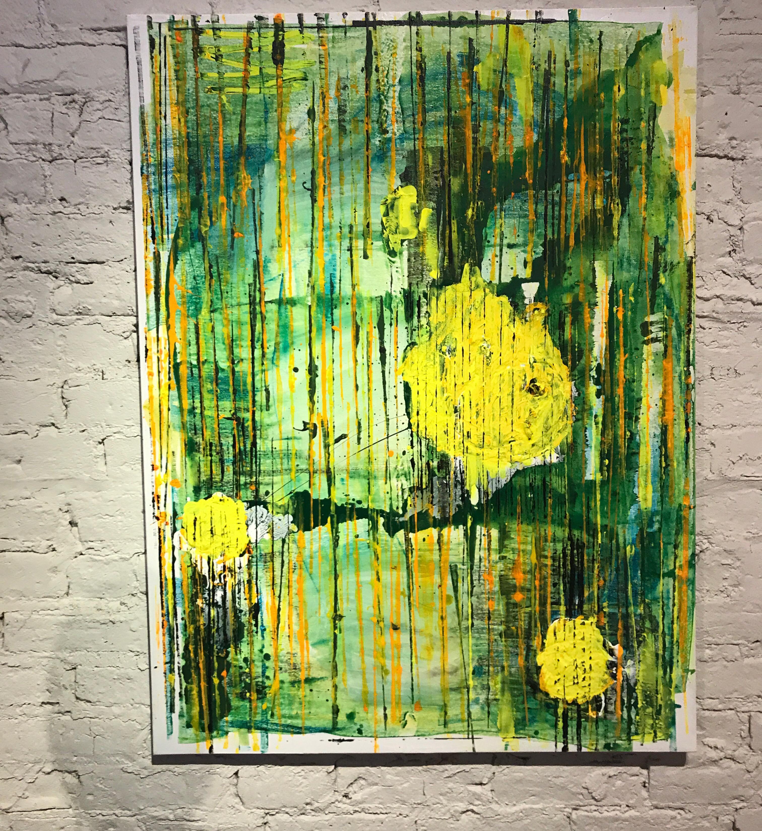 Bold yellow abstract modern painting by Chicago artist Jay Miller.
The work features heavy brushwork in vibrant colors.
May be hung horizontally or vertically.