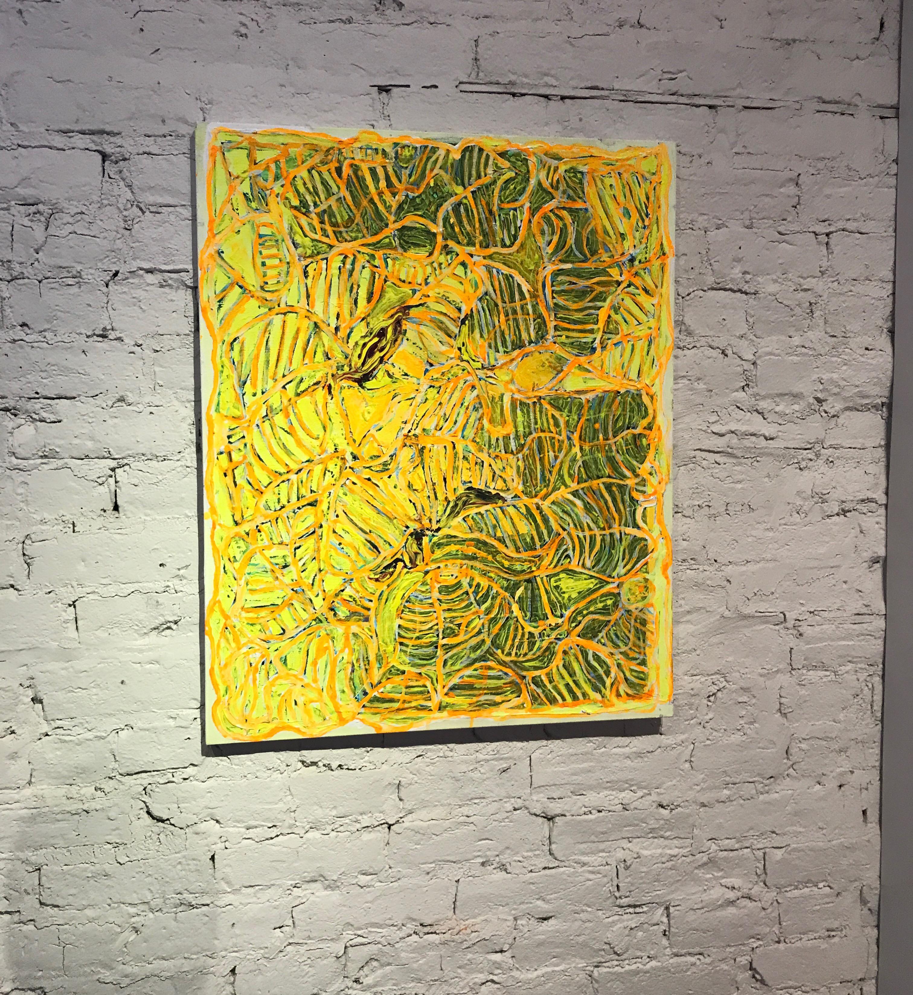 Abstract yellow modern painting by Chicago artist Jay Miller.
The energetic work is rendered in highly layered brushstrokes.
May be hung horizontally or vertically.