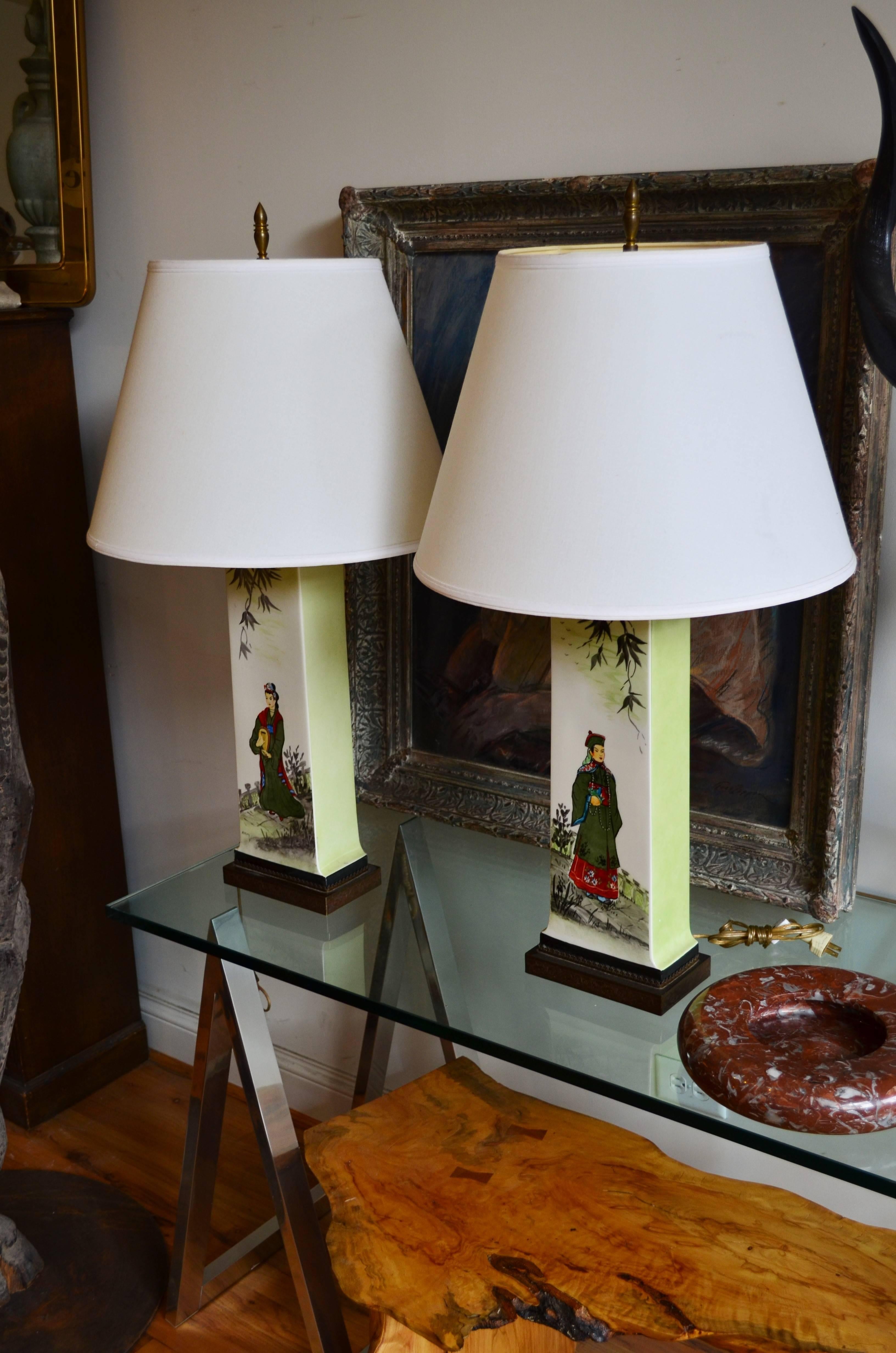 American Pair of Chinoiserie Porcelain Table Lamps