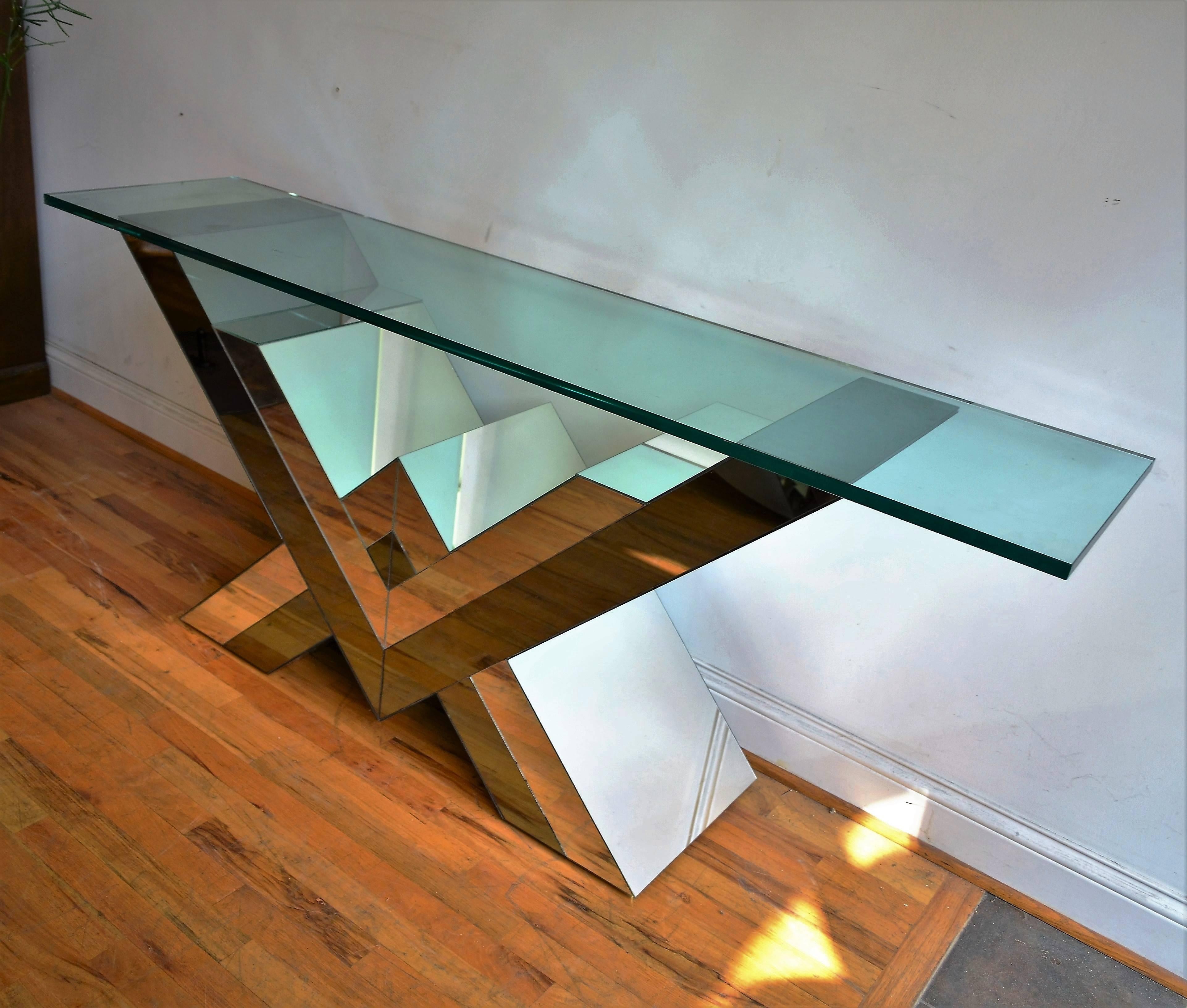 American Pierre Cardin Style Smoked and Clear Mirrored Console Table 