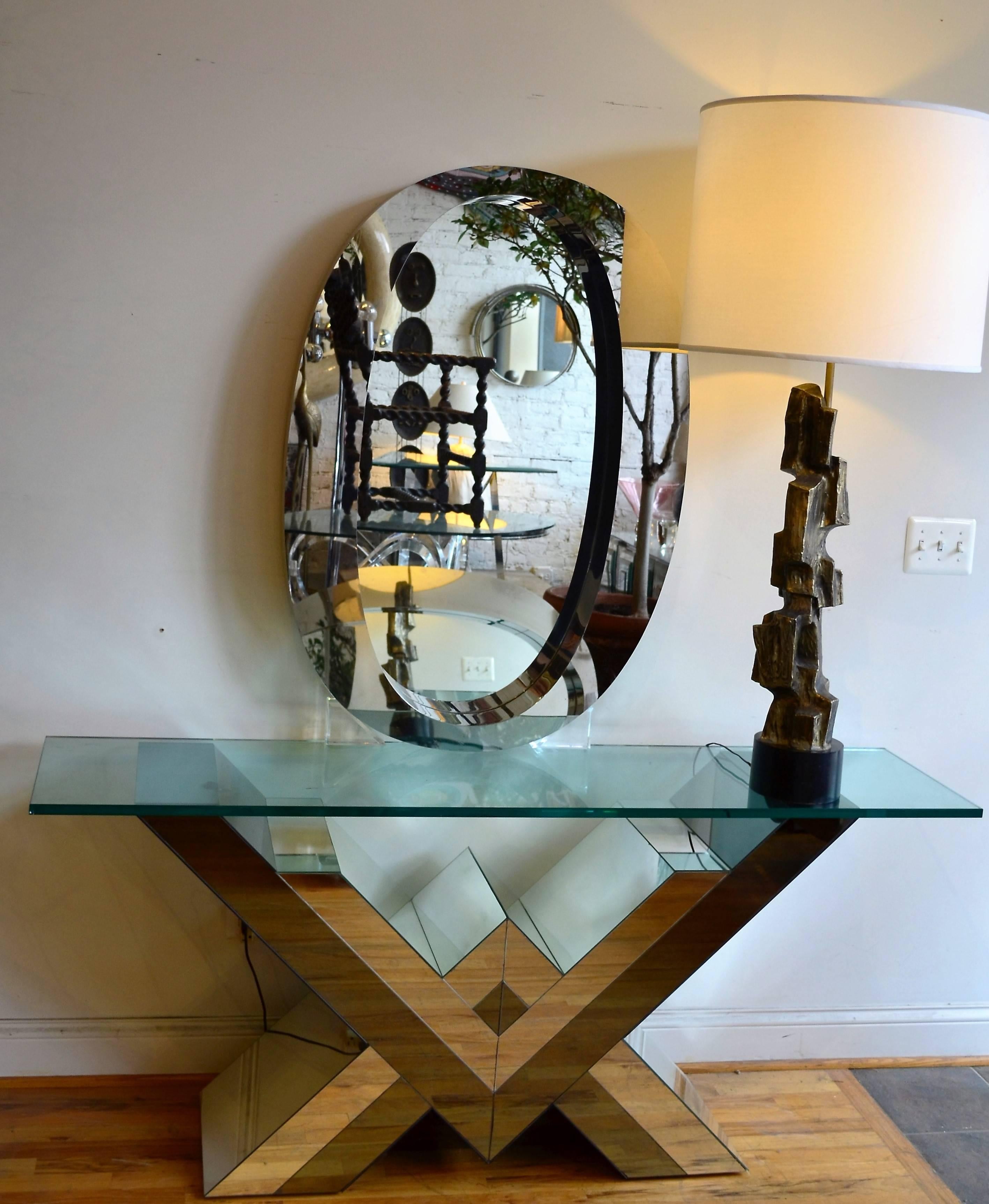 Glass Pierre Cardin Style Smoked and Clear Mirrored Console Table 