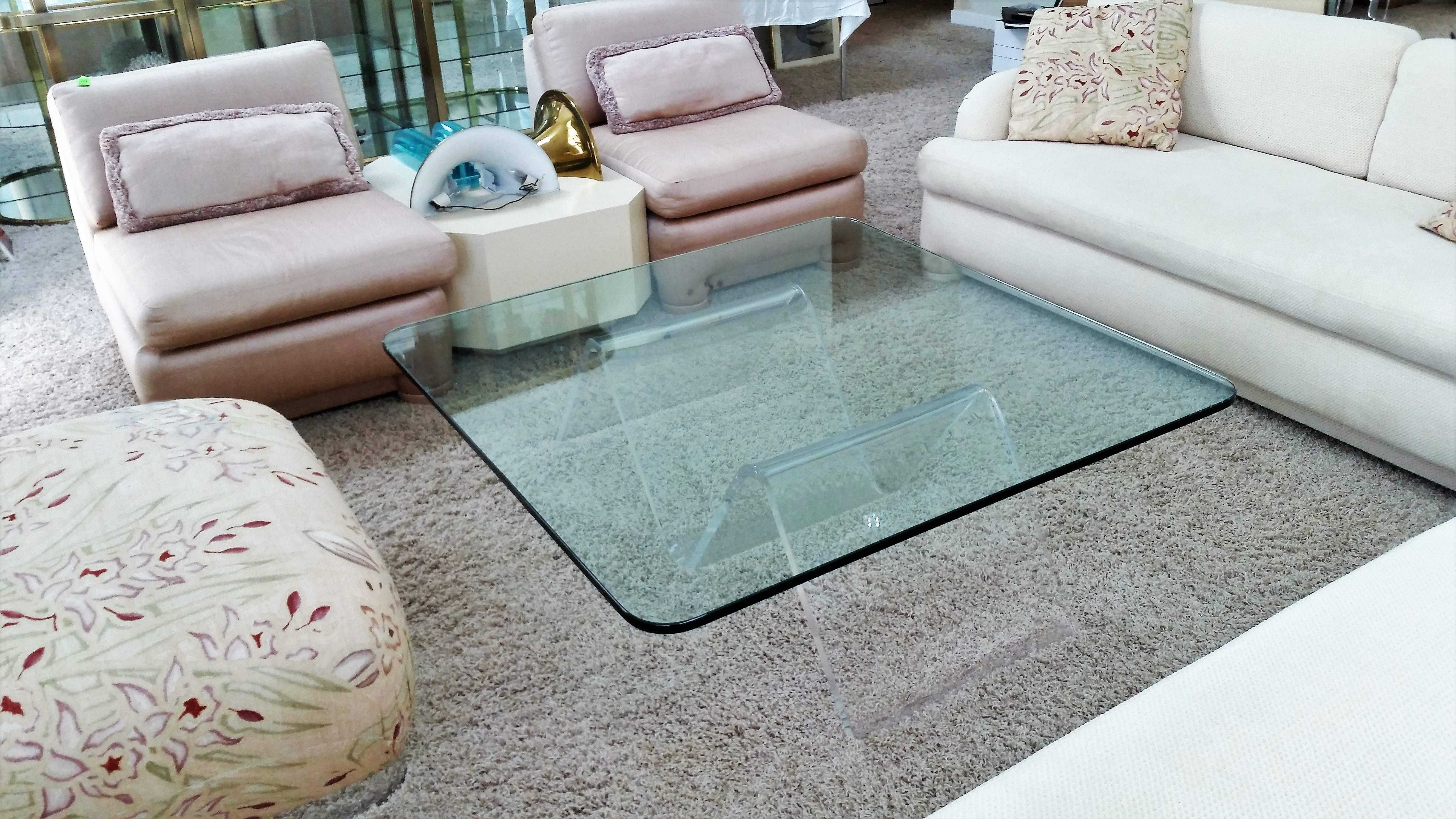 Glass  Lucite Coffee Table With Thick Wave Form Base