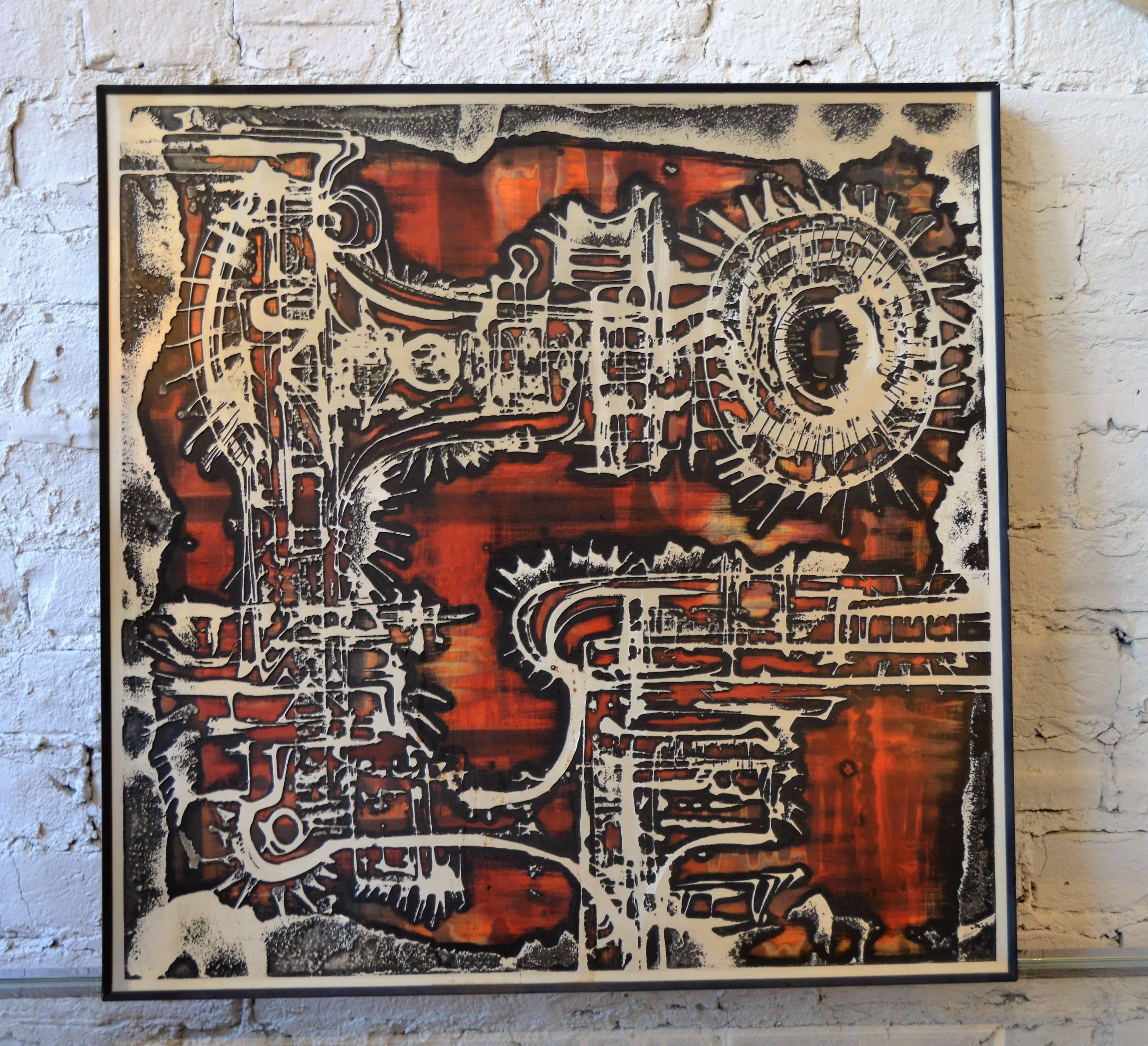 Rarely seen acid etched aluminum and brass wall plaque artwork by
noted Mastercraft artisan Bernhard Rohne. The silver red and black 
color combination is unusual. Signed Bernhard Rohne, 1972.