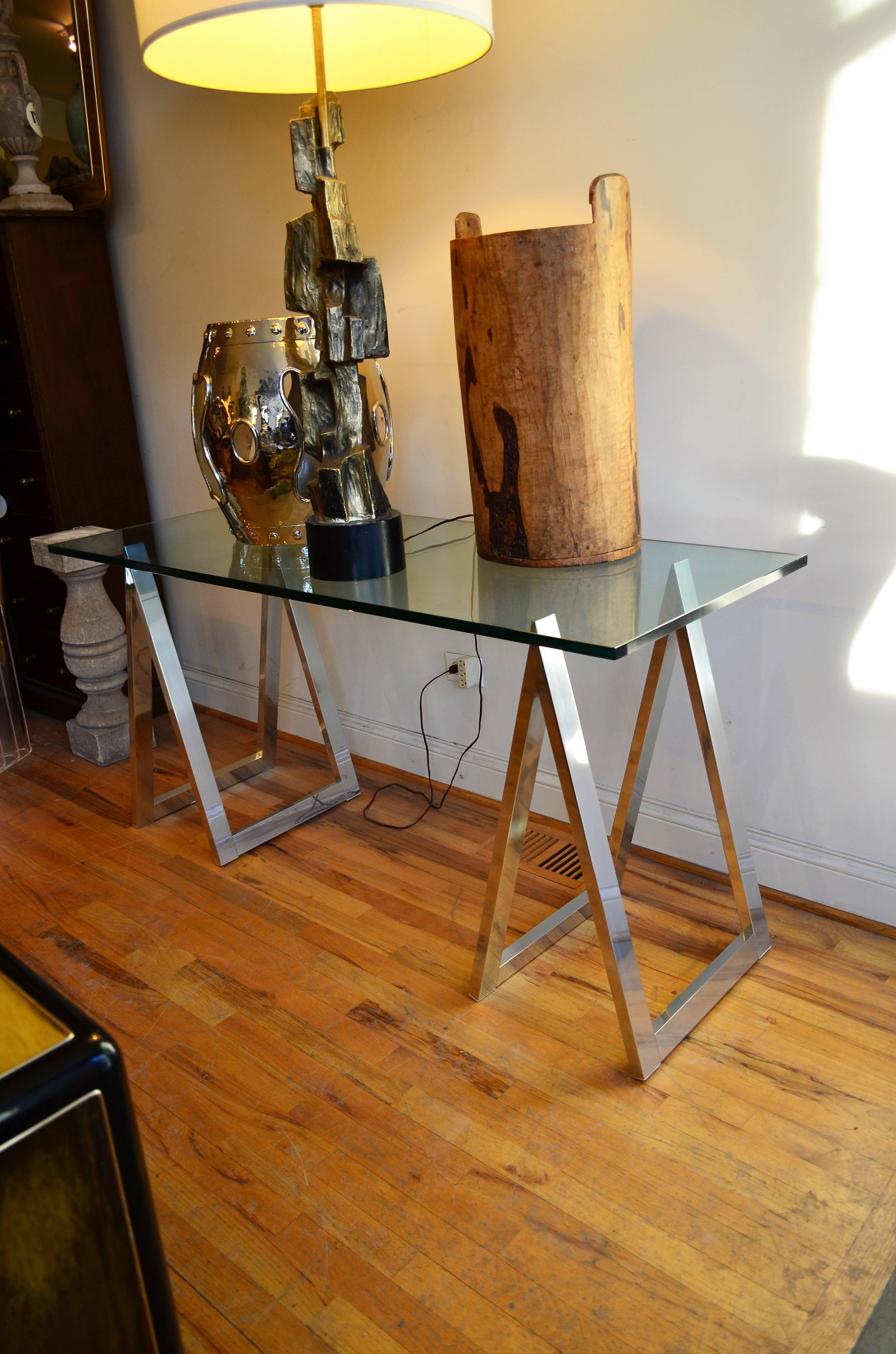 Chrome  Sawhorse Leg Console Table or Desk For Sale 2