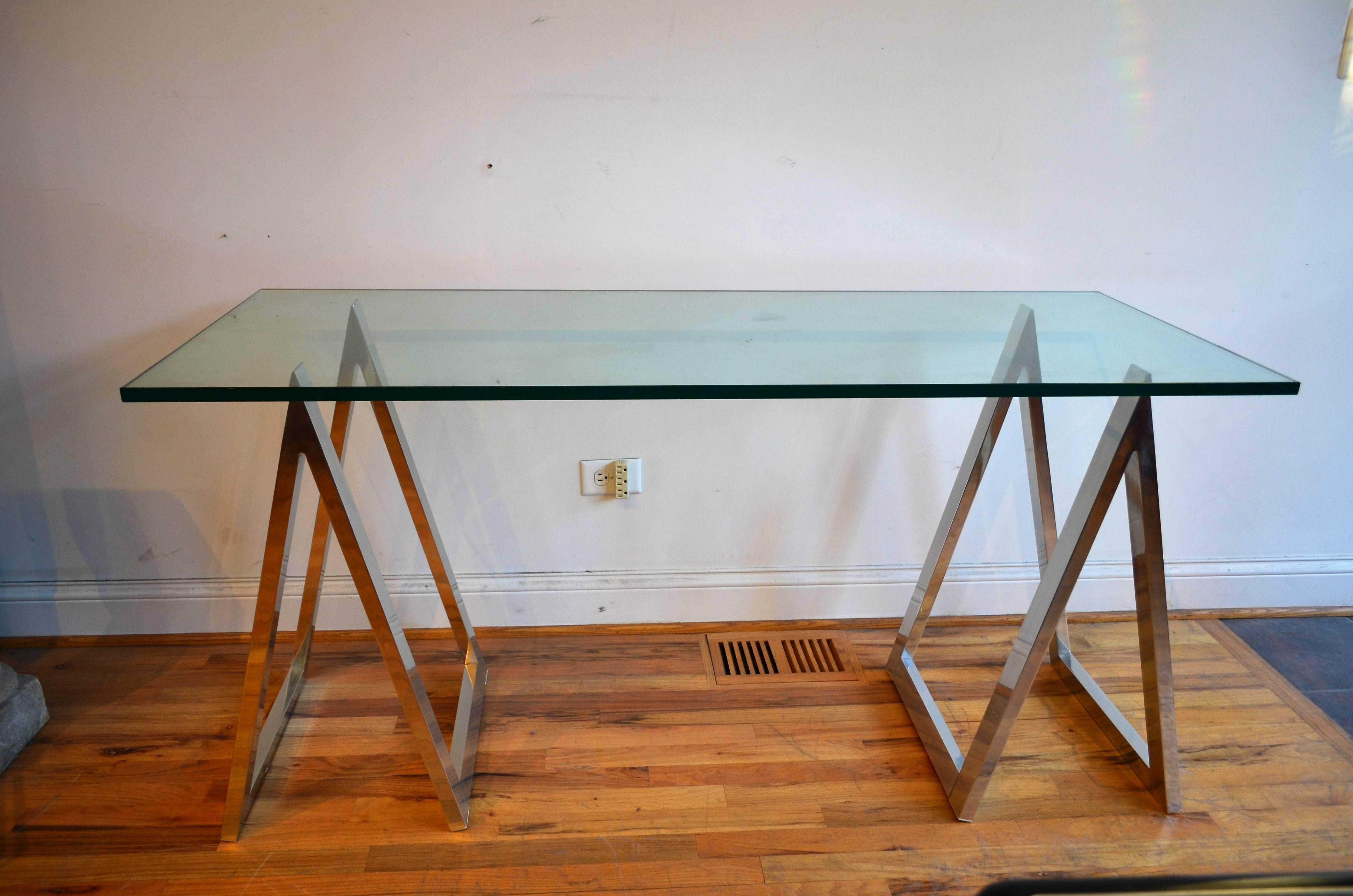 Chrome  Sawhorse Leg Console Table or Desk For Sale 1