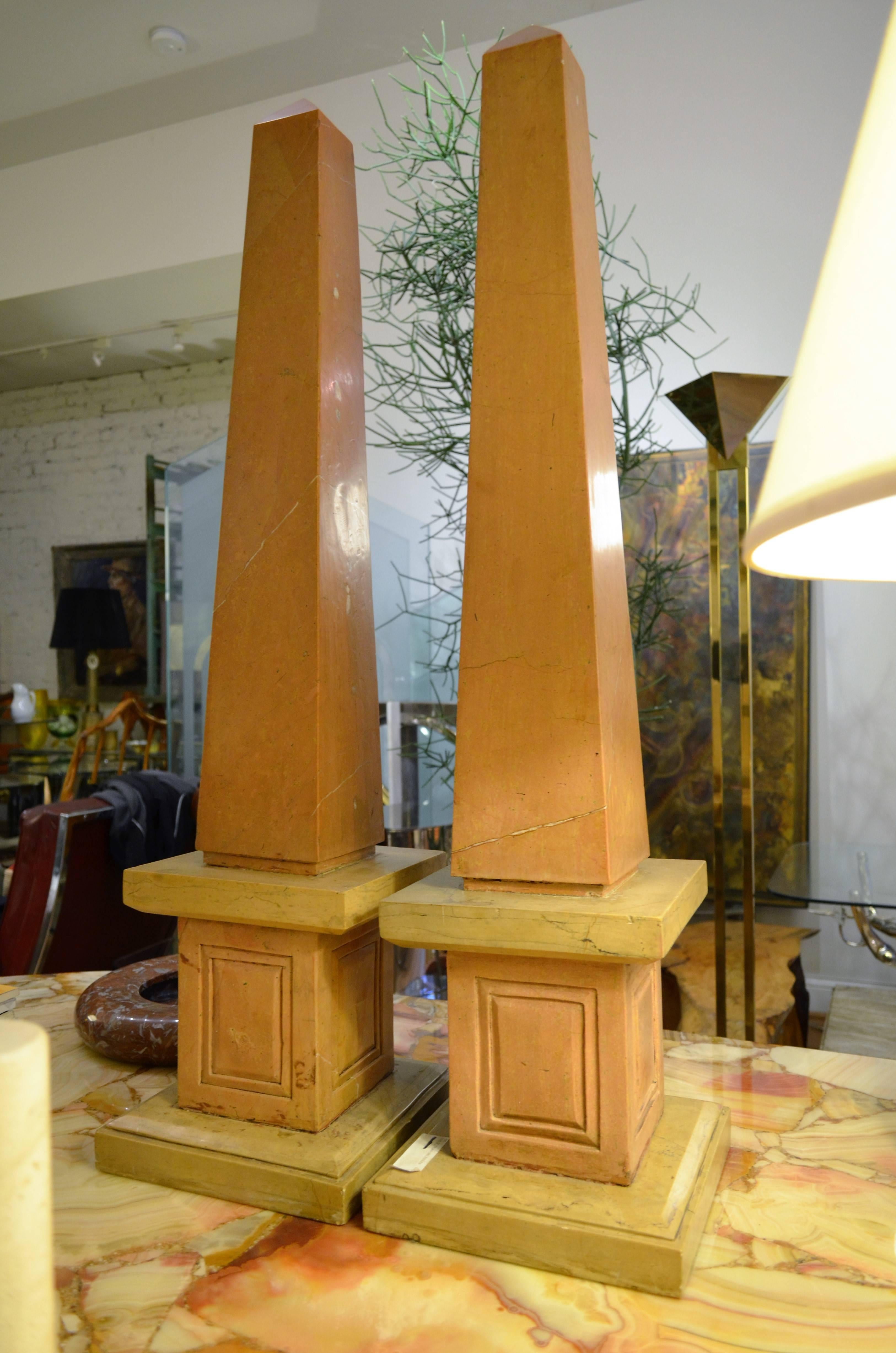 Pair of Nembro Rosato Large Marble Obelisks For Sale 1