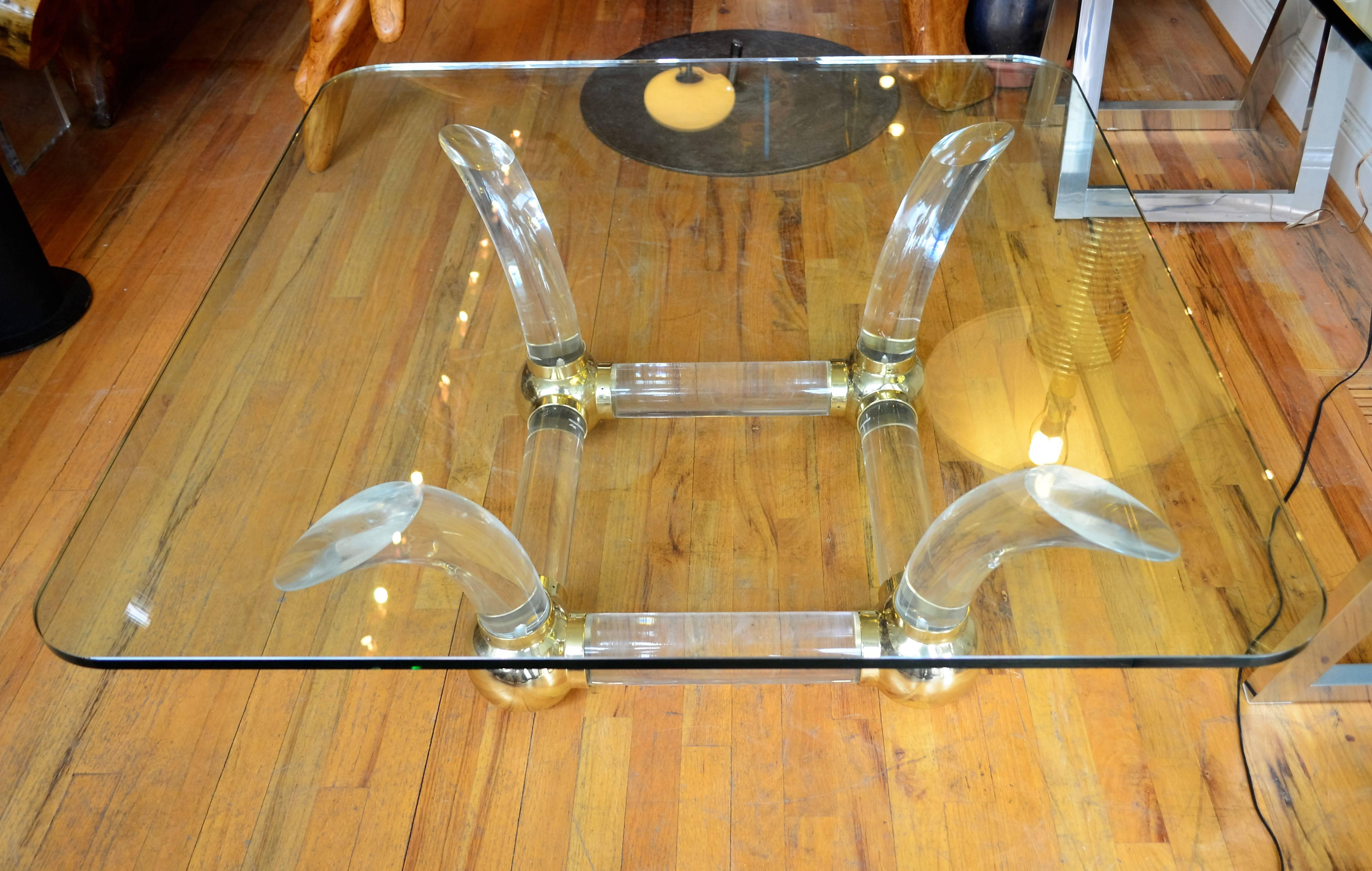 American Lucite Sabre Leg and Brass Coffee Table
