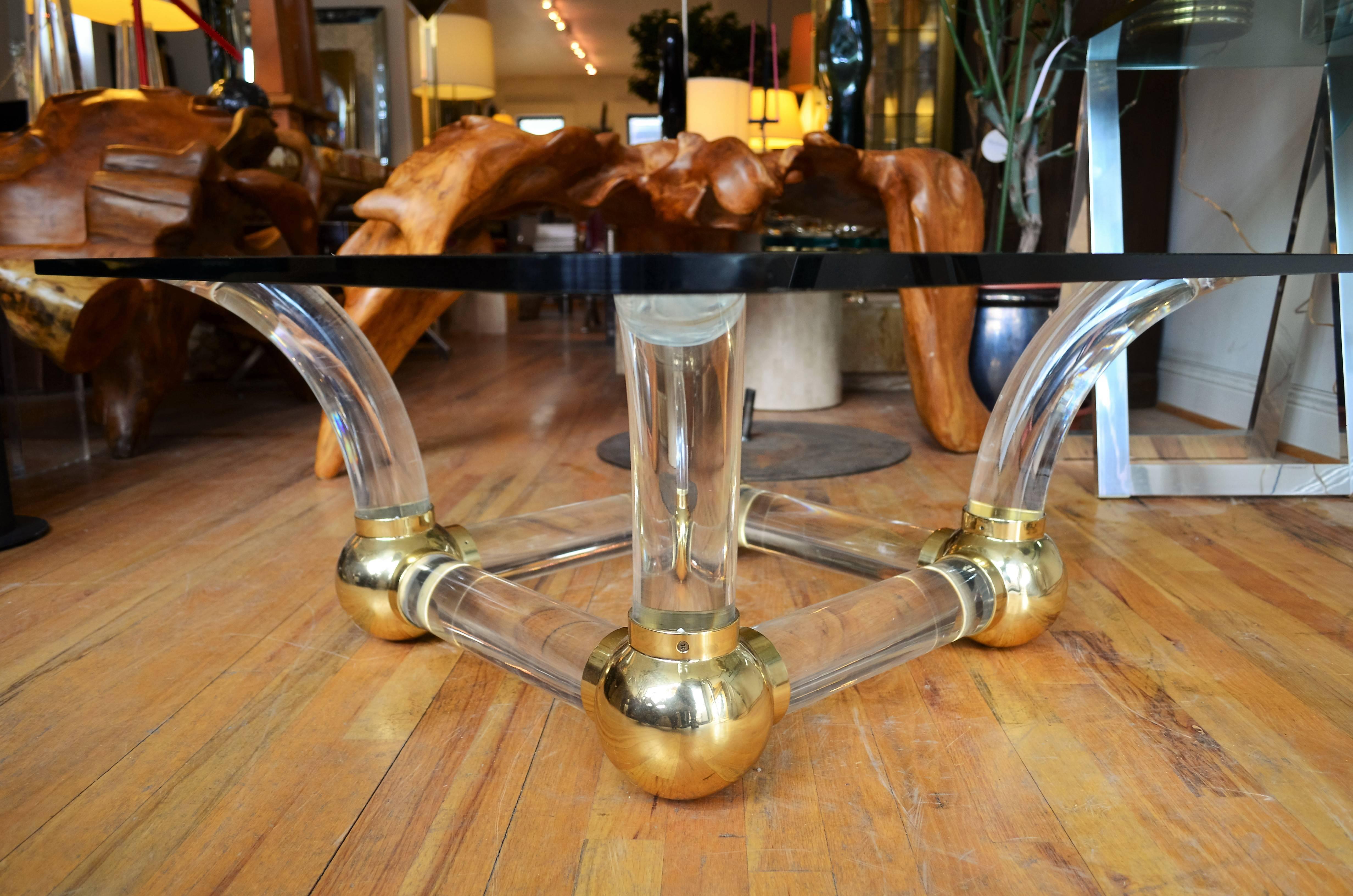Late 20th Century Lucite Sabre Leg and Brass Coffee Table