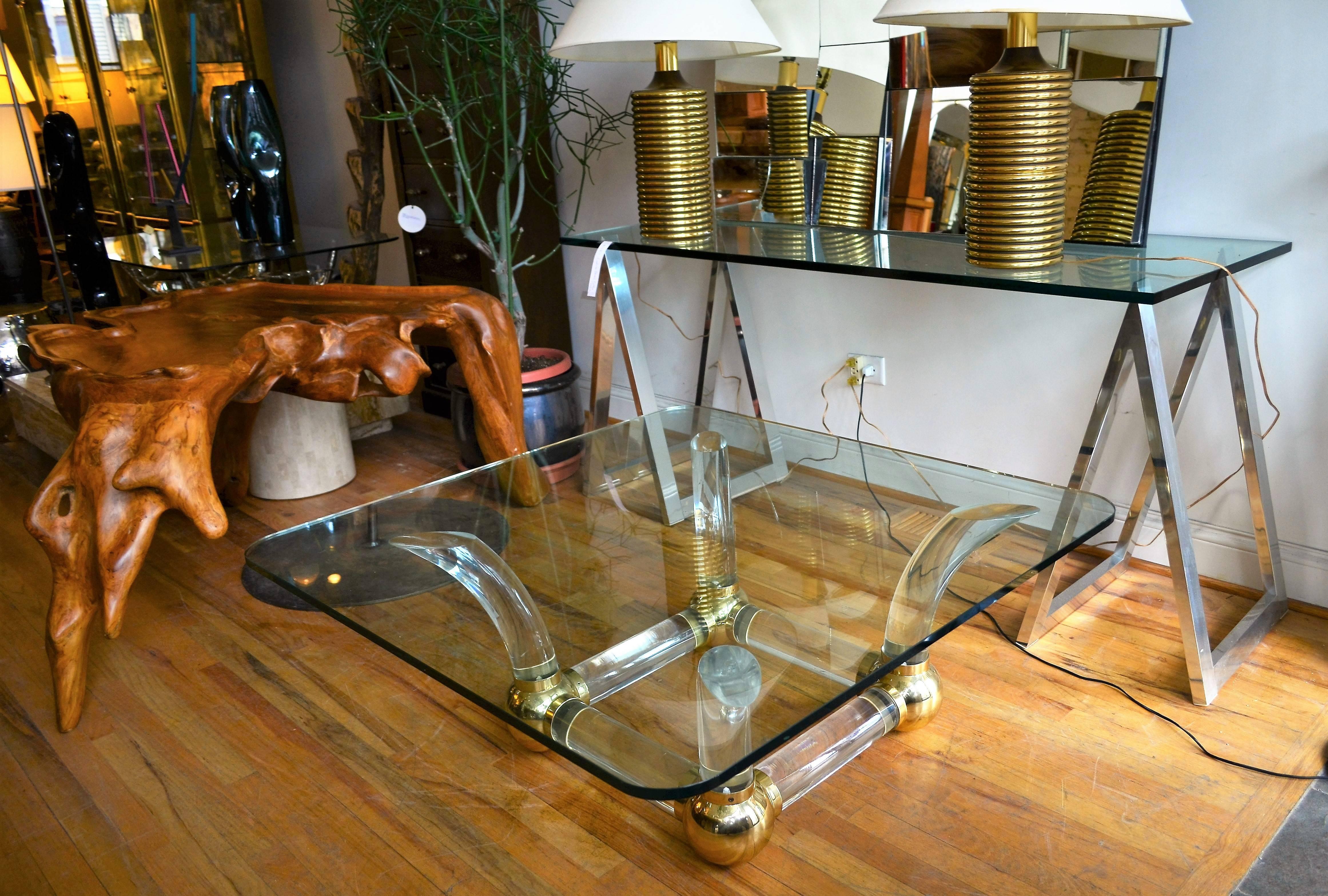 Acrylic Lucite Sabre Leg and Brass Coffee Table