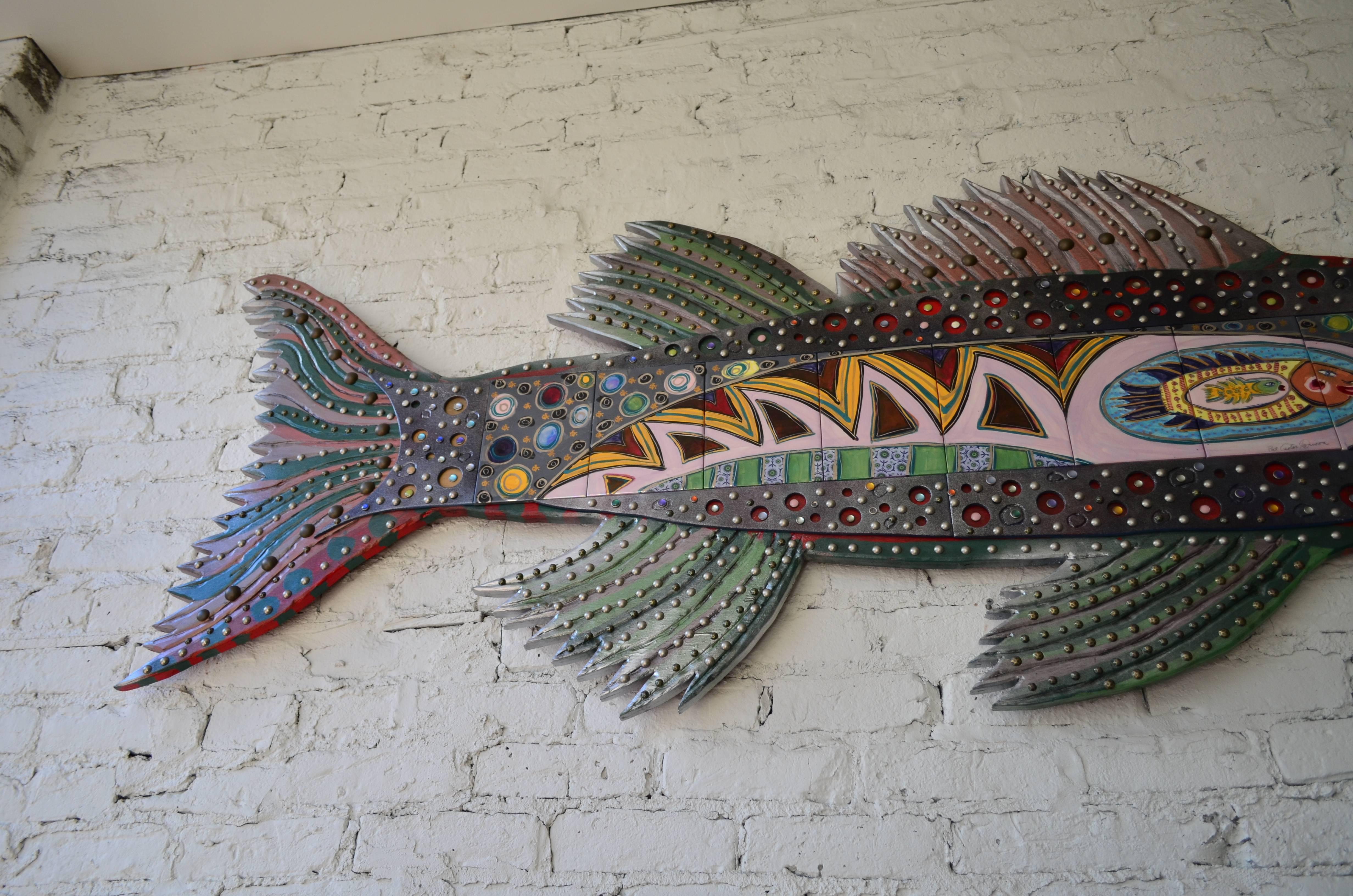 Art Deco Enormous Colorful Decorative Folk Art Fish Wall Decoration