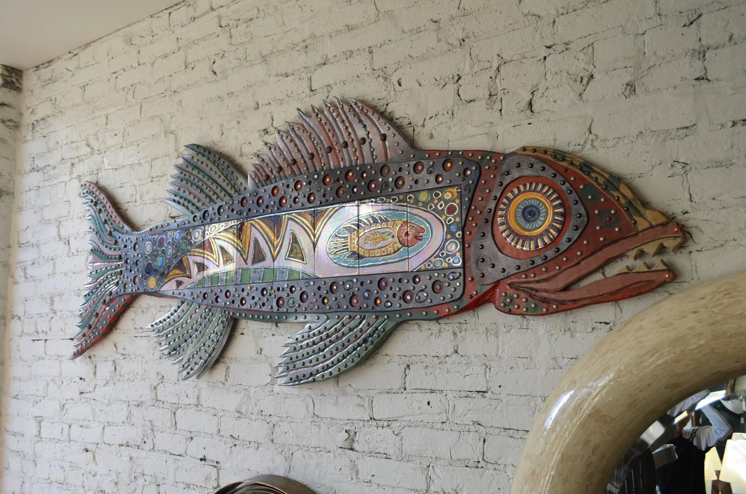 Enormous Colorful Decorative Folk Art Fish Wall Decoration For Sale at