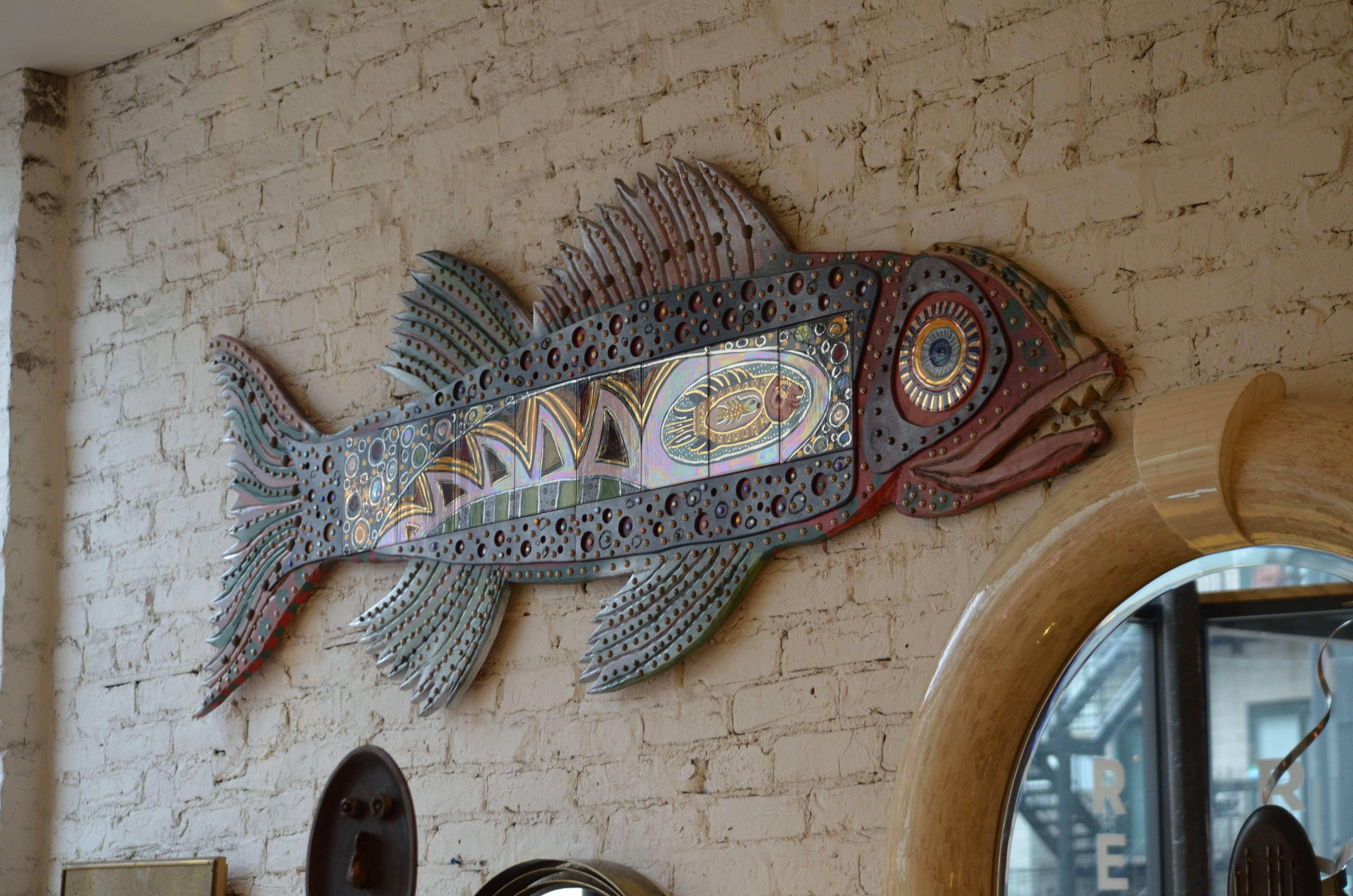 Ceramic Enormous Colorful Decorative Folk Art Fish Wall Decoration