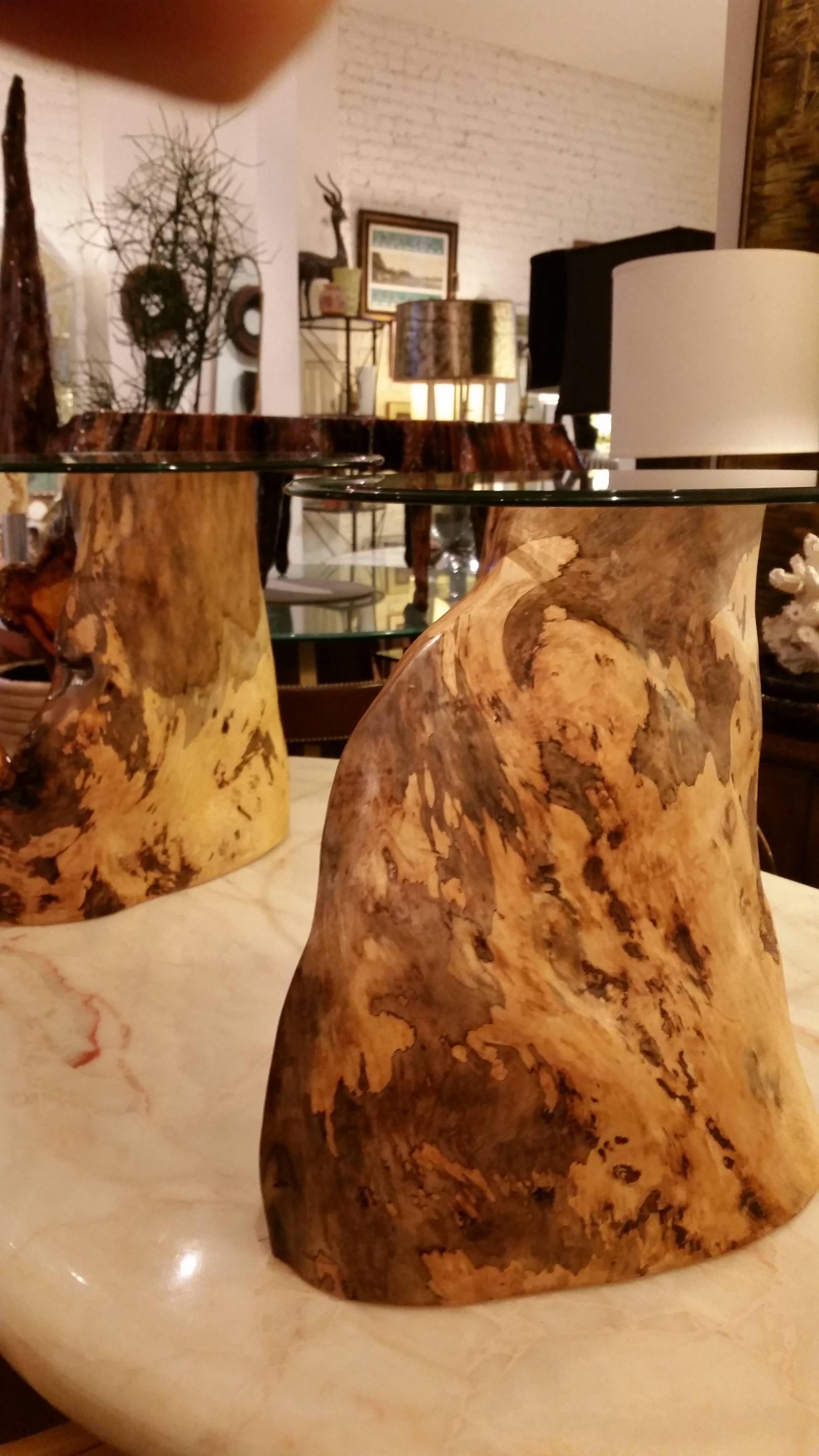 Glass Pair of Asymmetric Burl Wood Drift Wood Side Tables