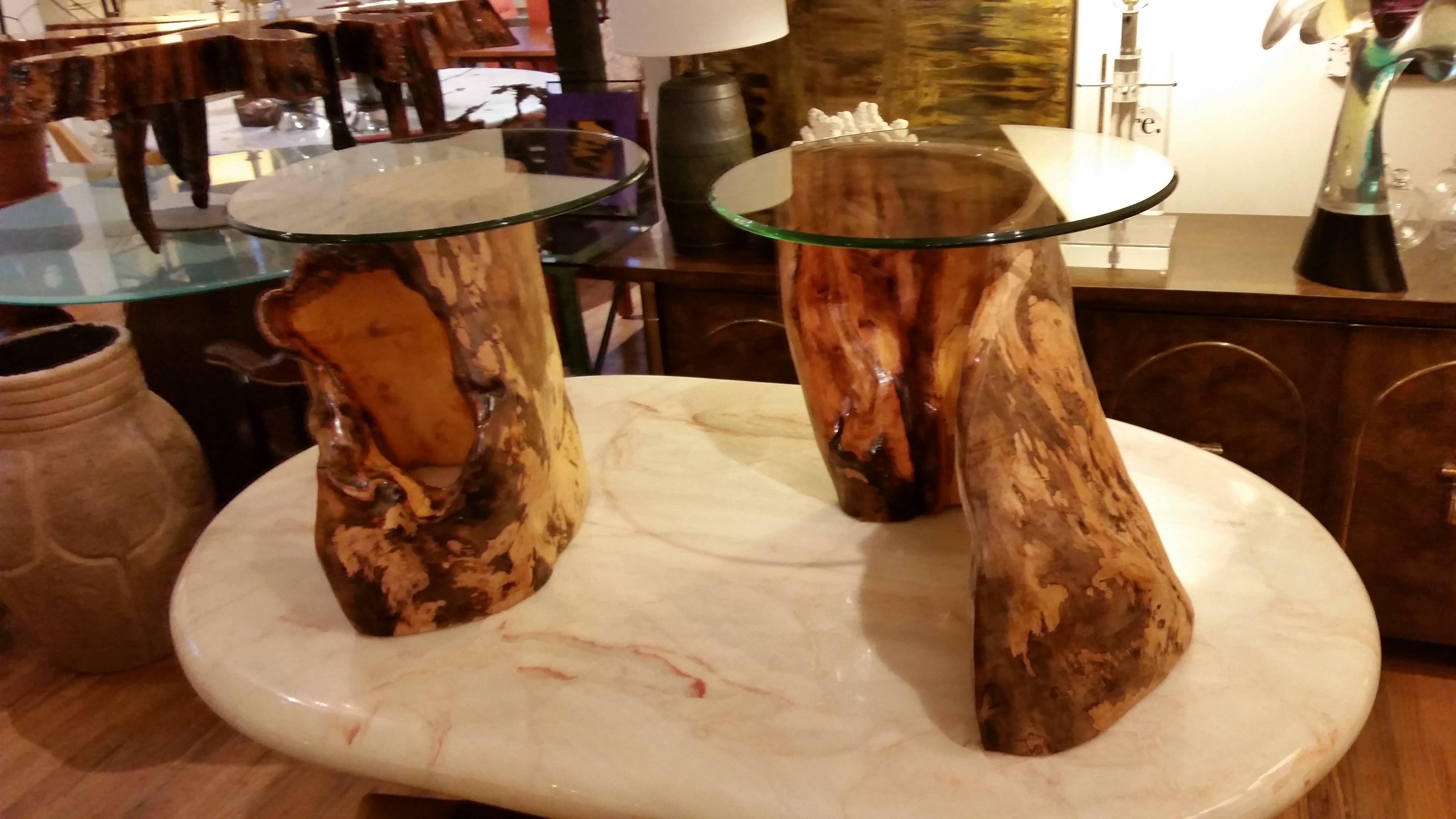 American Pair of Asymmetric Burl Wood Drift Wood Side Tables
