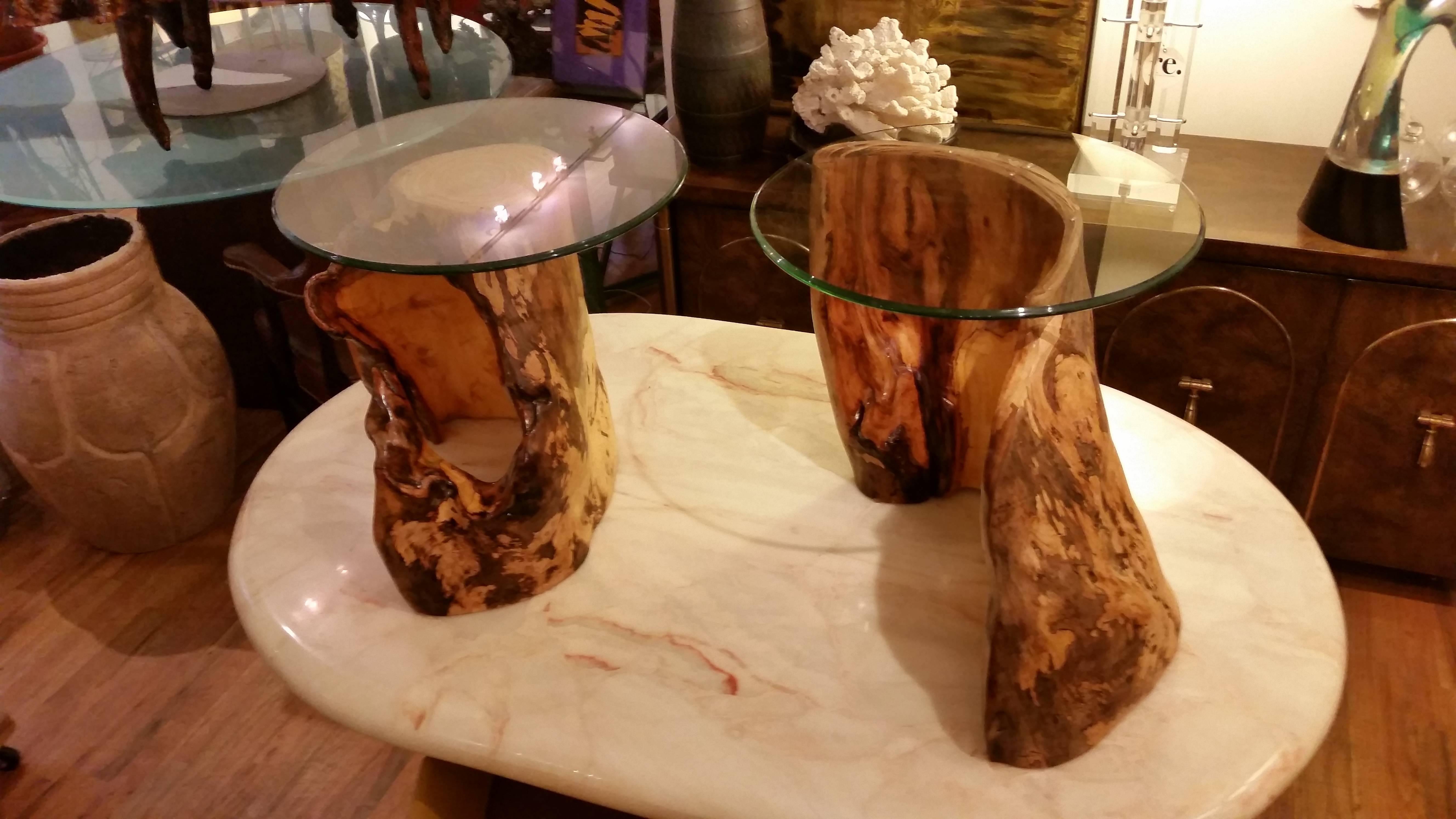 Mid-Century Modern Pair of Asymmetric Burl Wood Drift Wood Side Tables