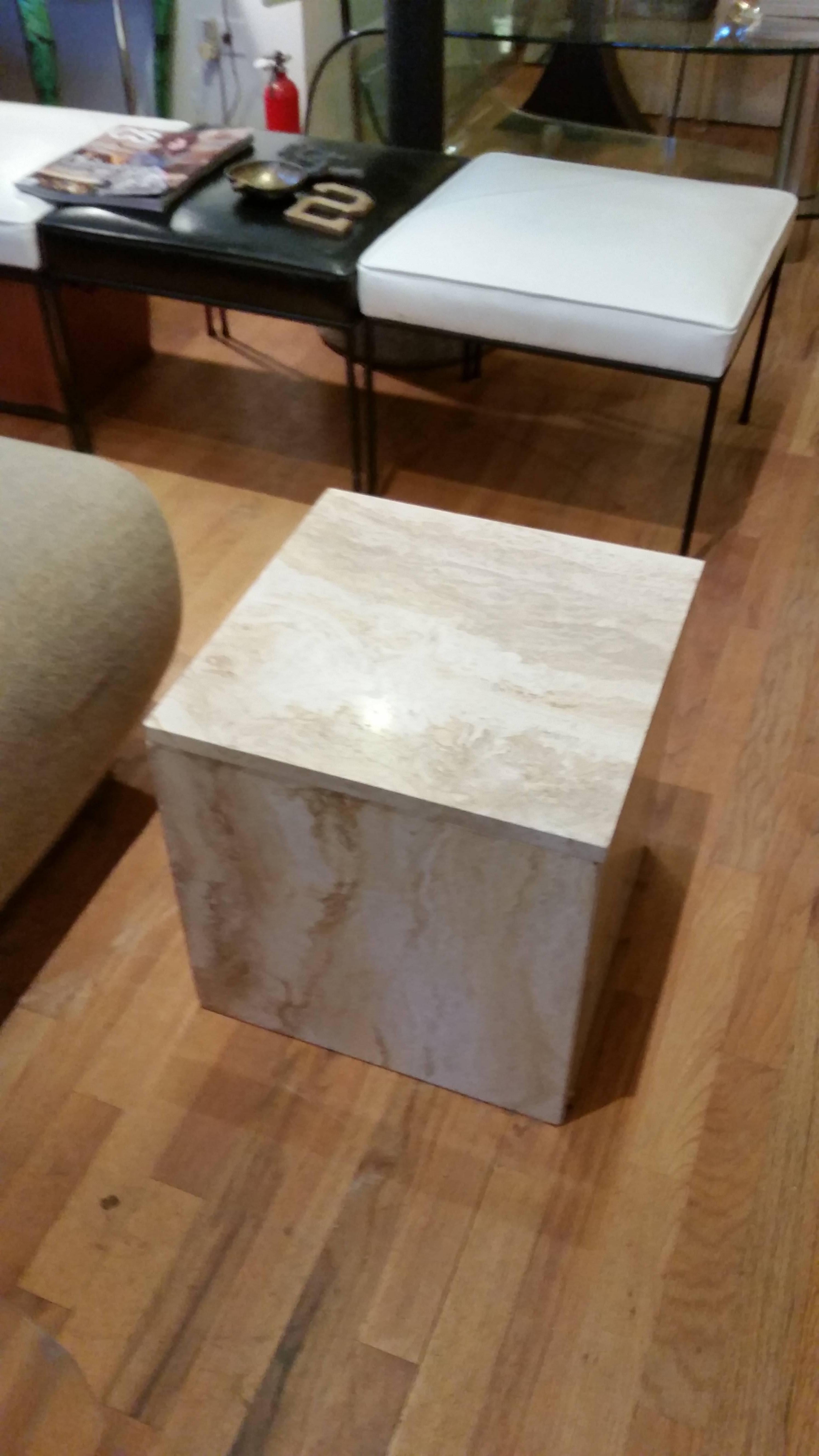 Compact Cube Travertine Side Table In Good Condition In Chicago, IL