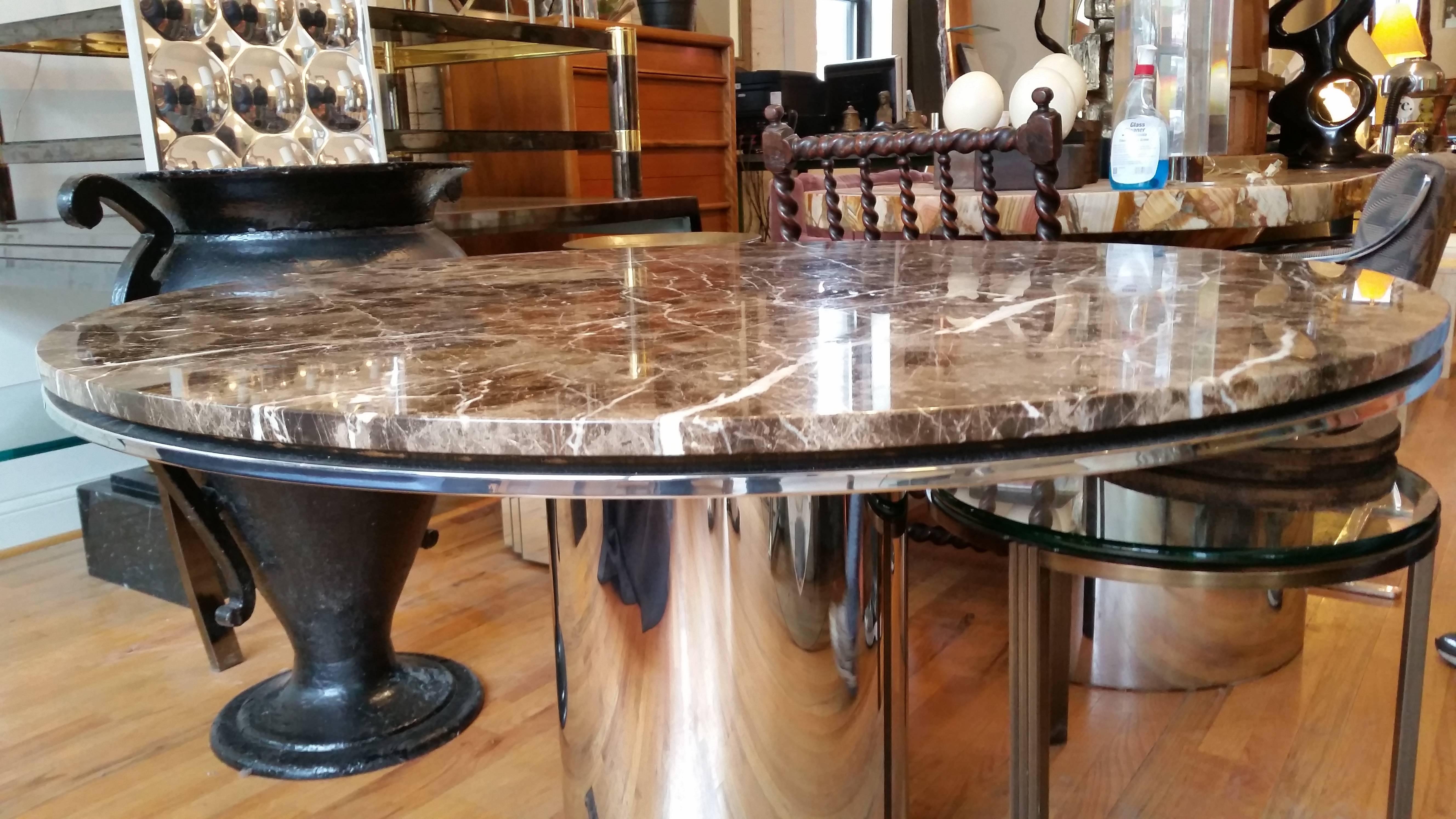 Mid-Century Modern Round Chrome and Marble Dining Table by Brueton