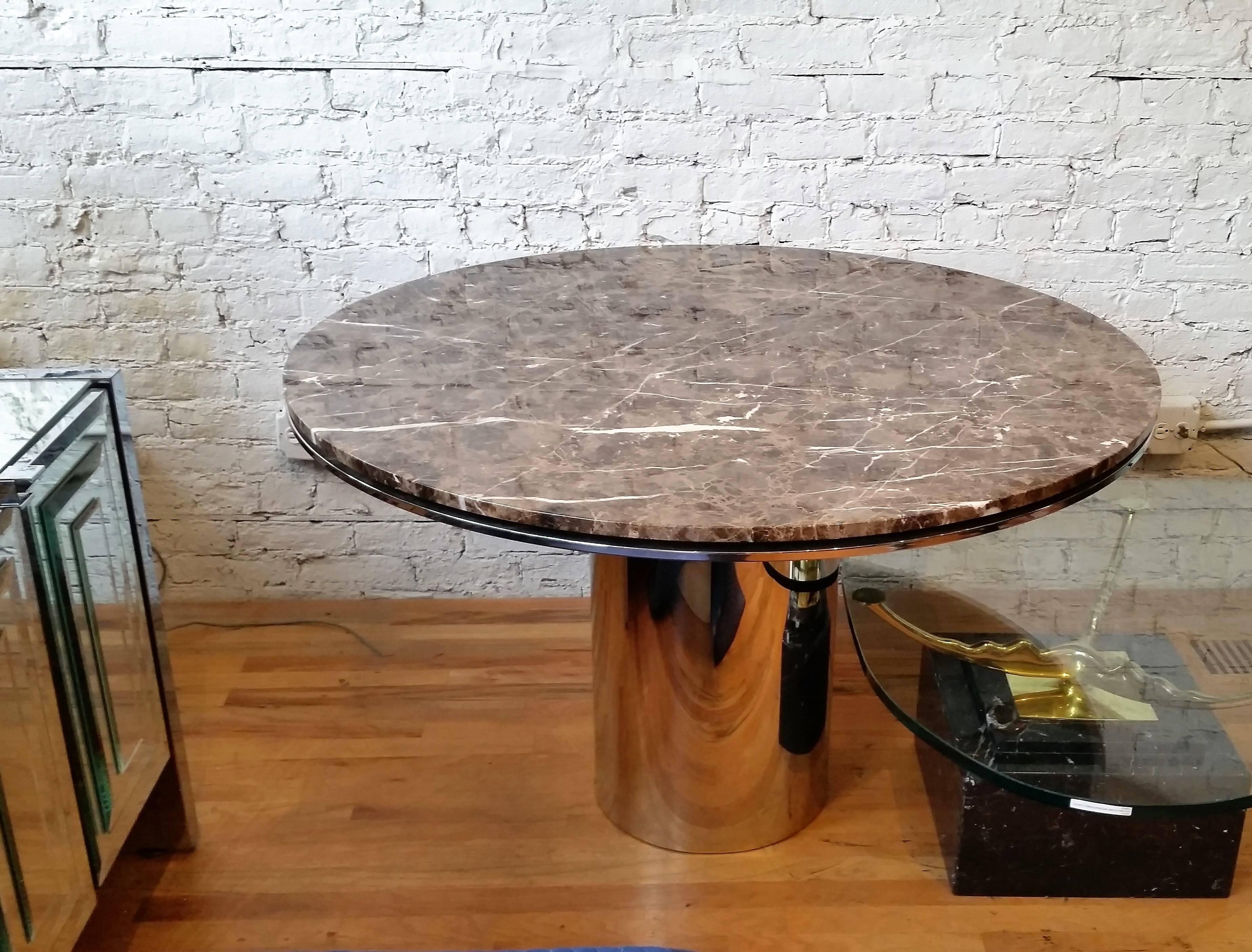 American Round Chrome and Marble Dining Table by Brueton