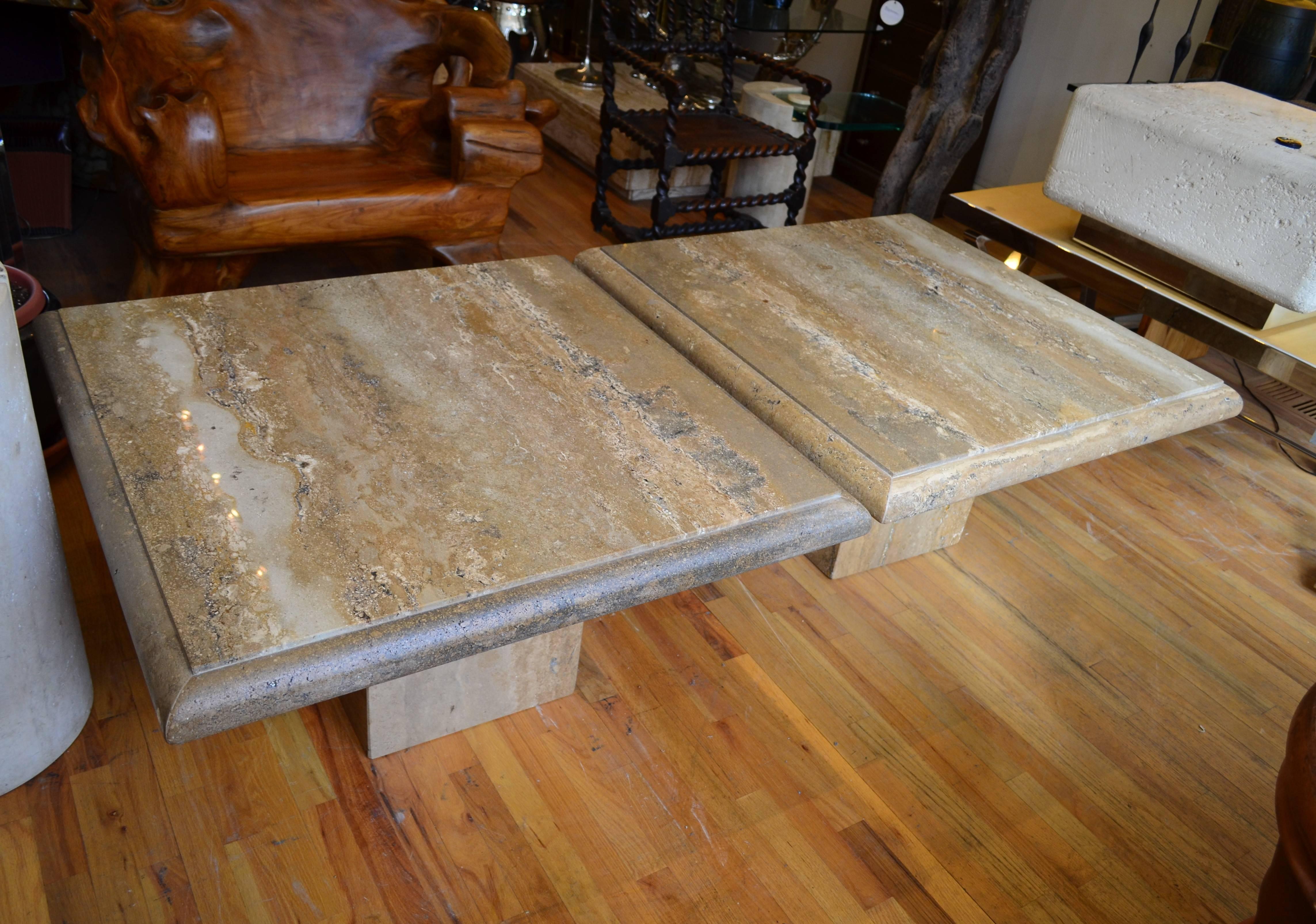 Mid-Century Modern Travertine Pair of Large Square Coffee Tables