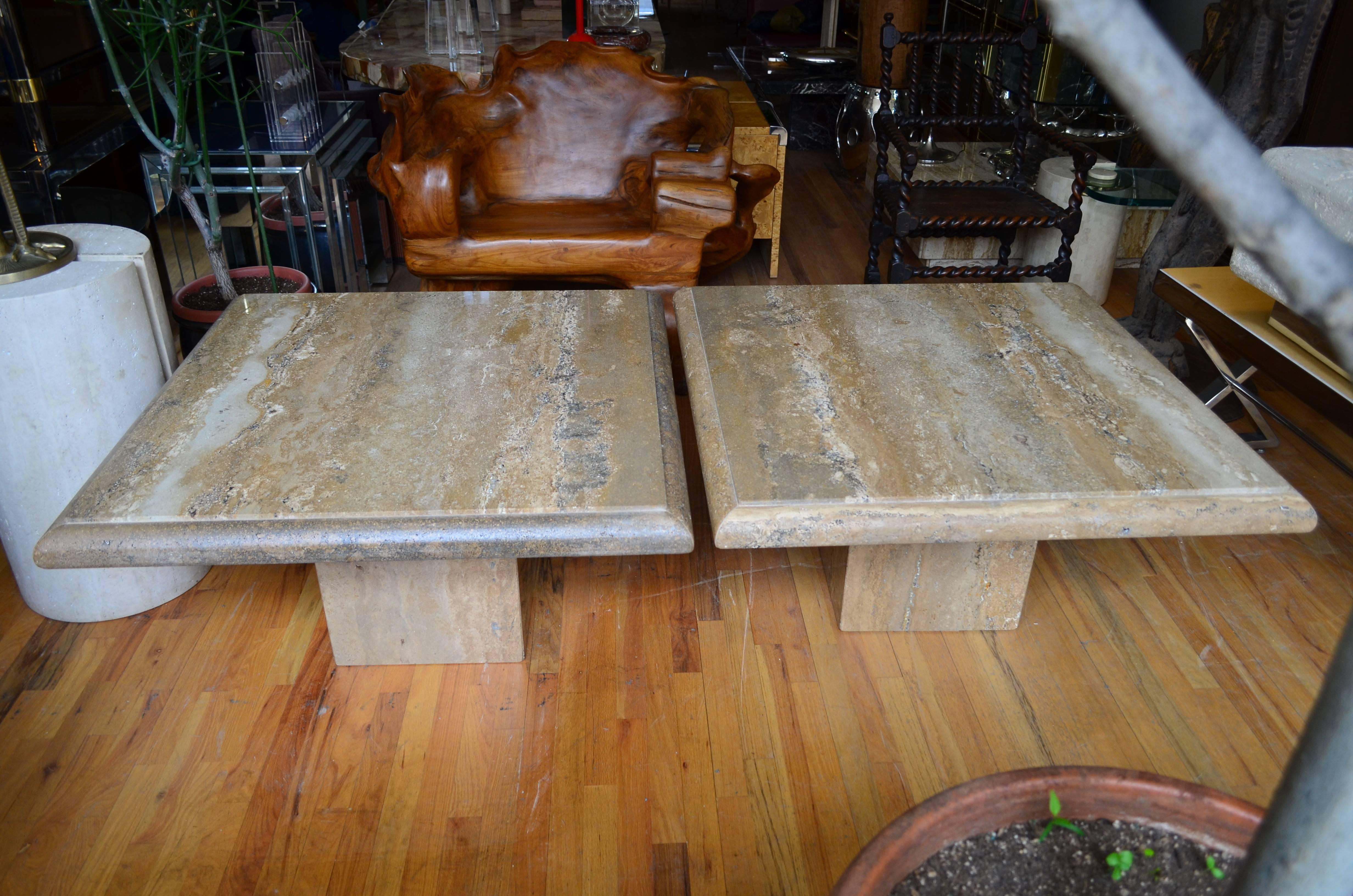 Italian Travertine Pair of Large Square Coffee Tables