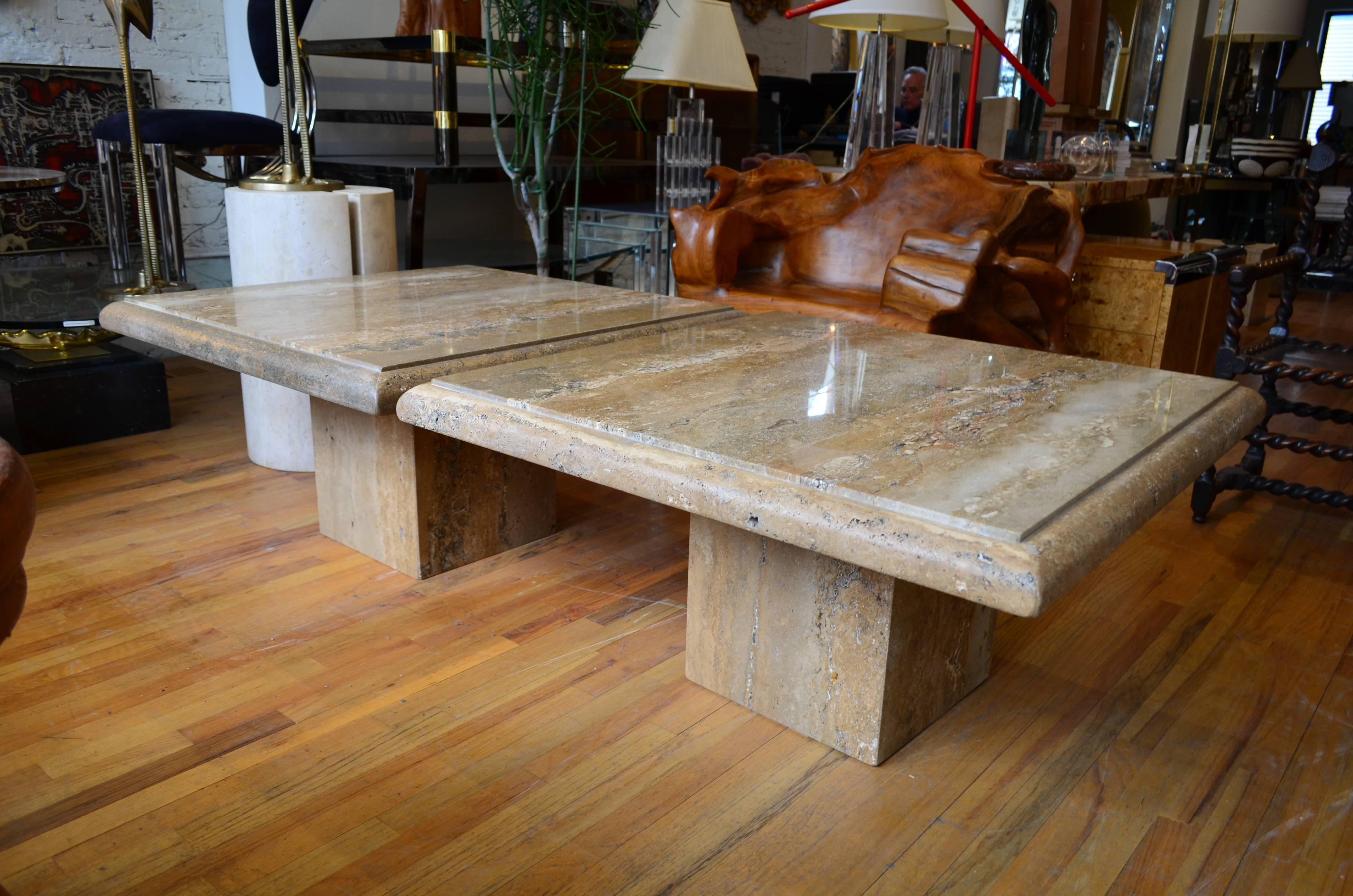 Travertine Pair of Large Square Coffee Tables In Good Condition In Chicago, IL