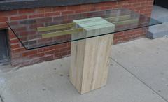 Travertine and Glass Pedestal Console Table