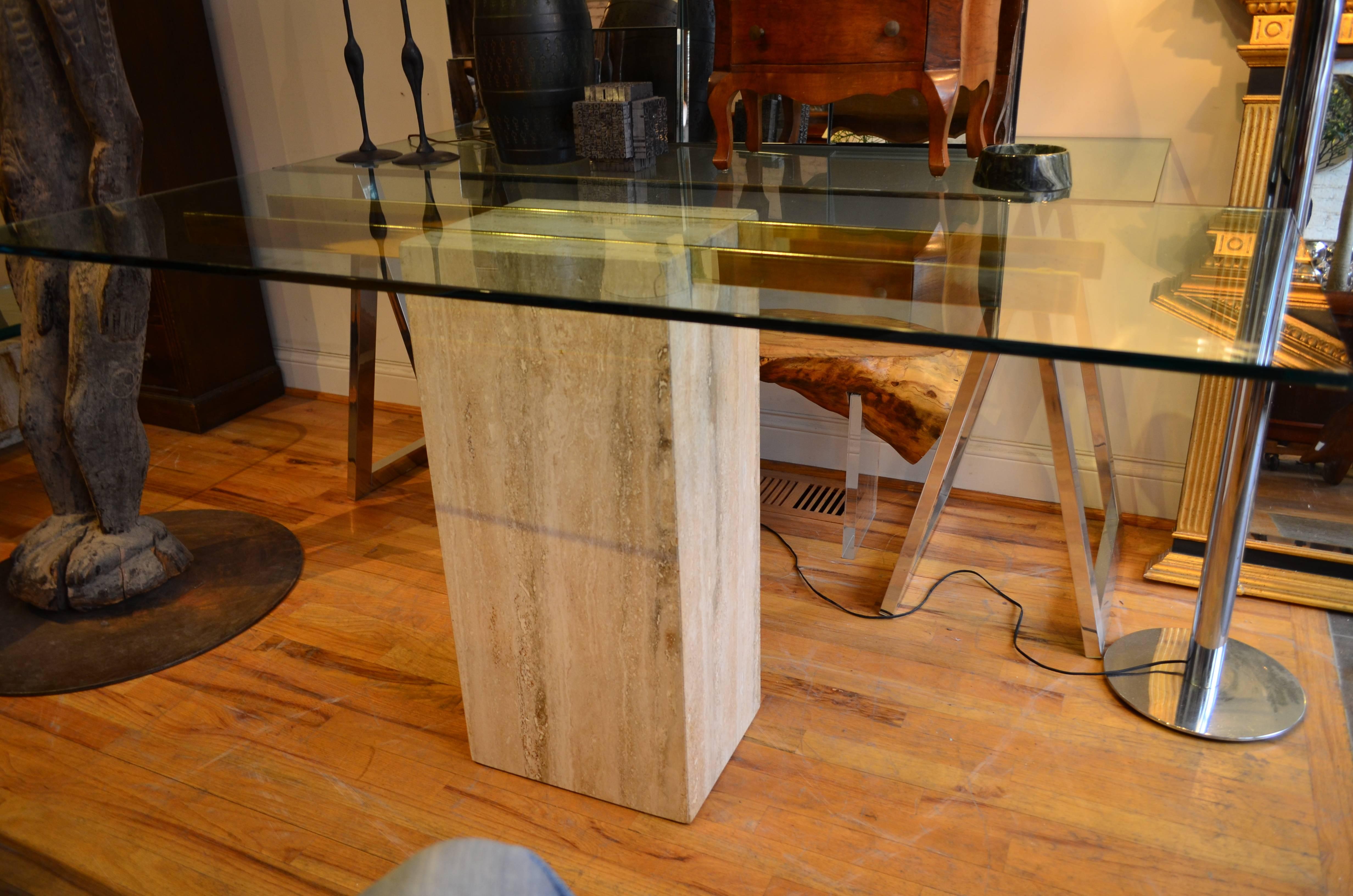 Marble Travertine and Glass Pedestal Console Table