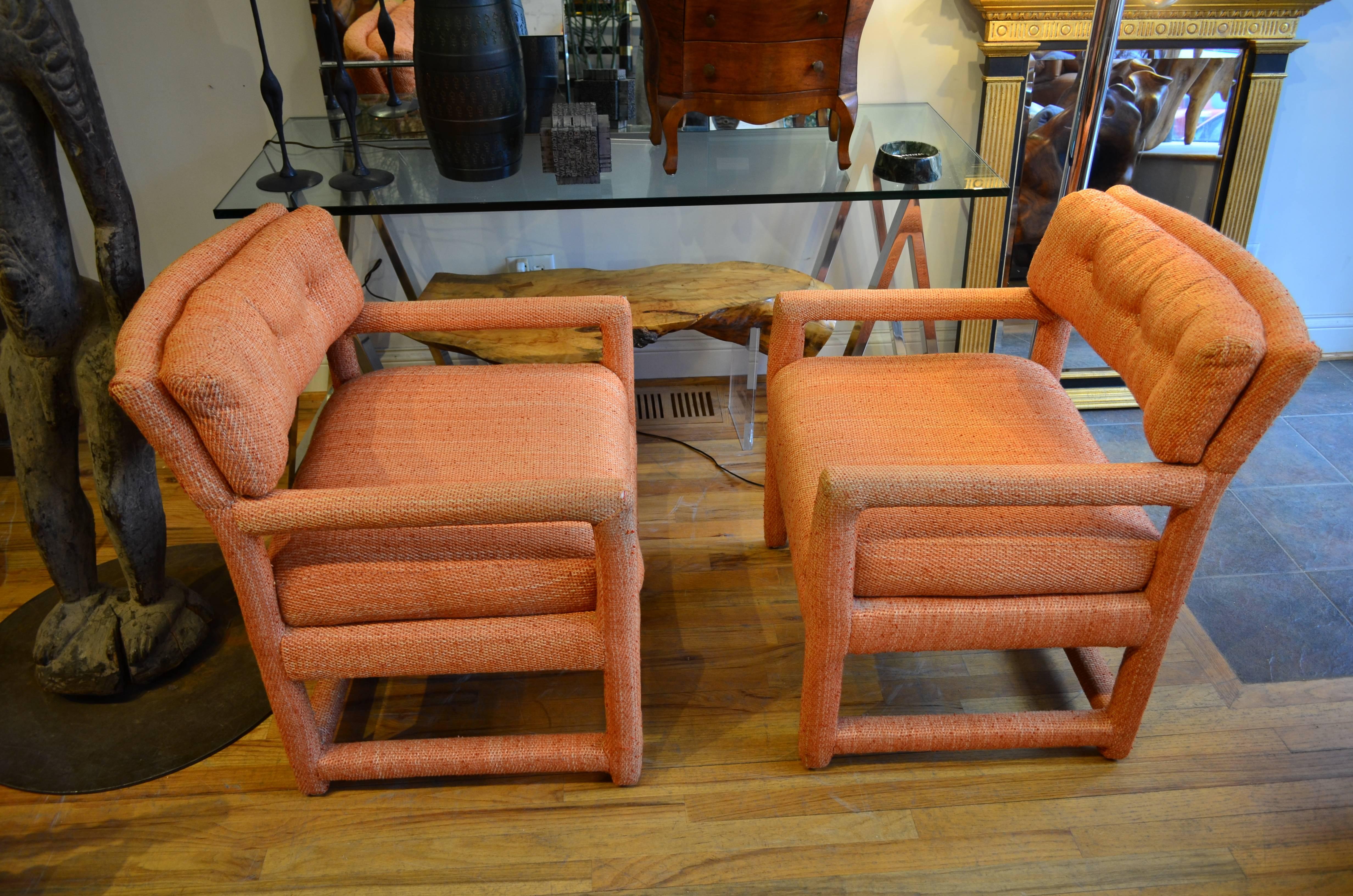 A pair of upholstered Milo Baughman Parsons chairs
for Thayer Coggin. Classic 1970 design.
 