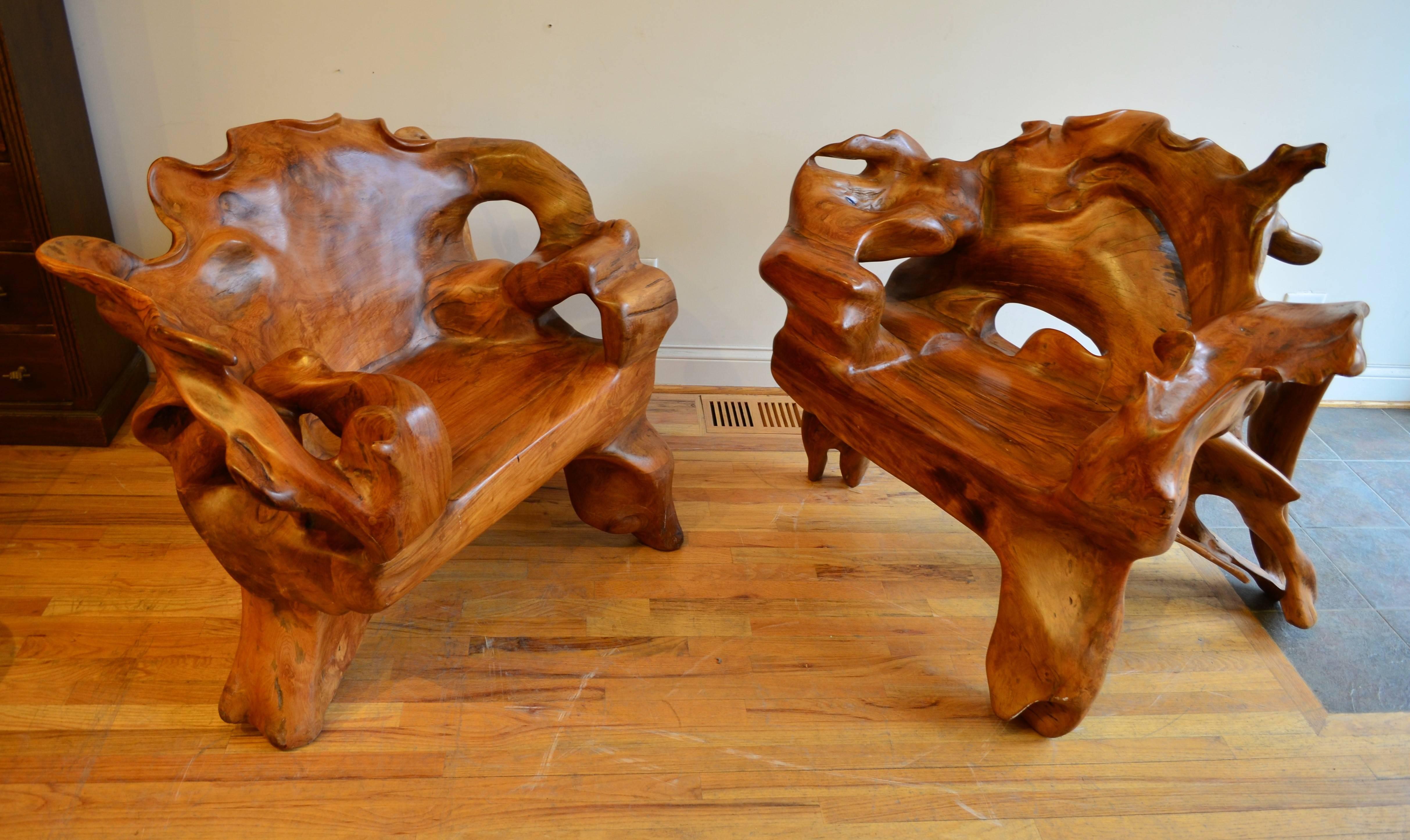 An exceptionally large one of a kind suite of highly sculptural American Studio Craft furniture.
Though unsigned these expertly handcrafted chairs were created by a master artisan. The set is modern masterpiece of organic studio craft design.
All of