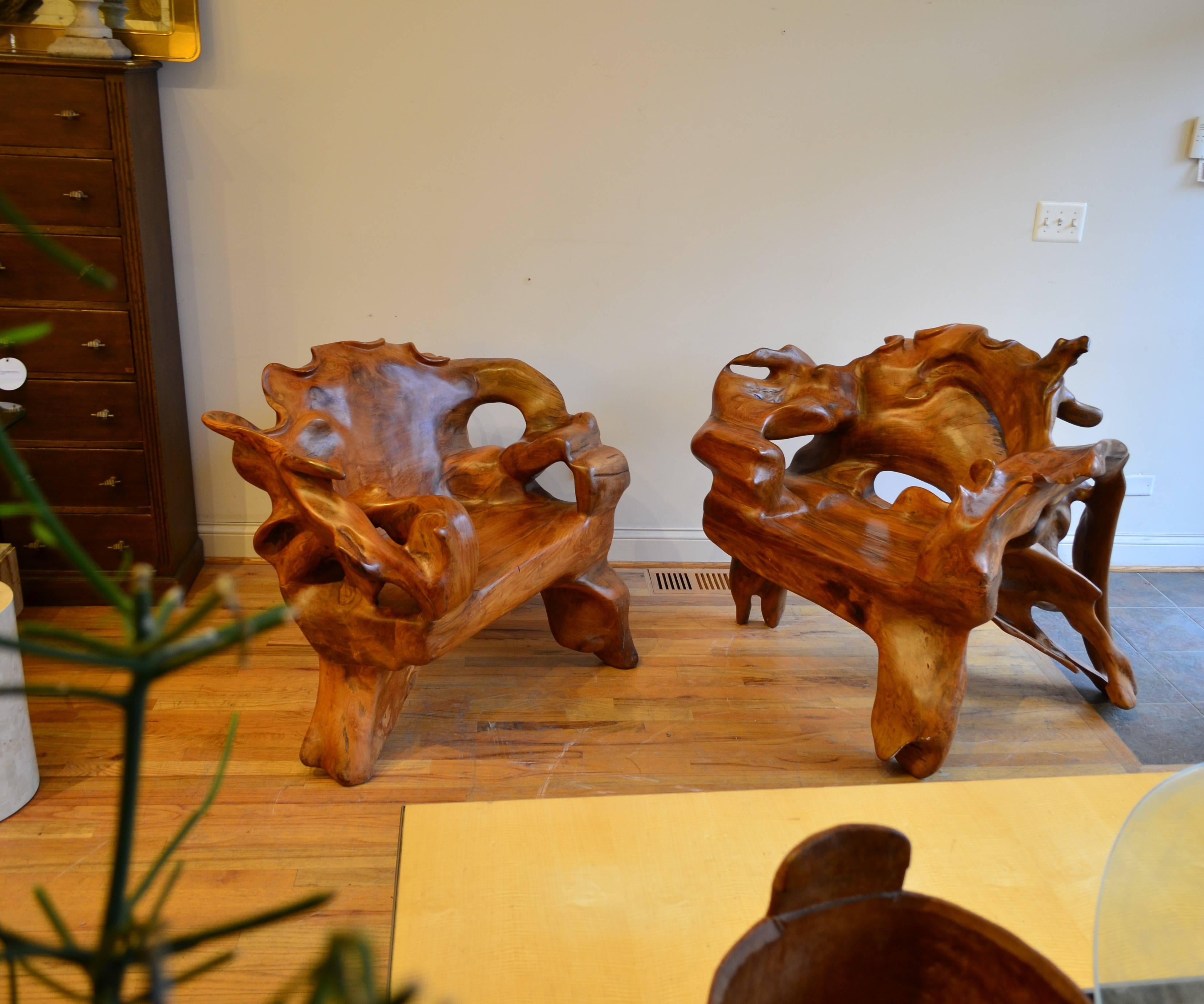 American Pair of Monumental Burl Wood Organic Lounge Chairs